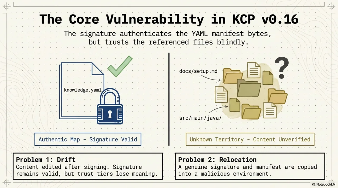 The core vulnerability in KCP v0.16: the signature authenticates the YAML manifest bytes, but trusts the referenced files blindly. Two problems emerge — drift (content edited after signing) and relocation (a genuine signed manifest copied into a malicious environment).
