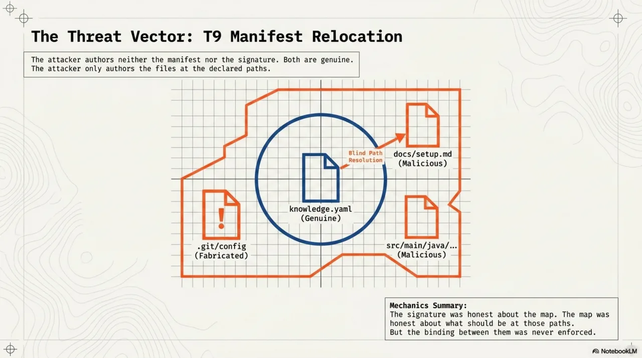 The T9 threat vector: a genuine knowledge.yaml (signature valid) in an attacker-controlled directory with a fabricated .git/config claiming a legitimate origin. Every RFC-0018 check passes. The unit paths resolve to attacker-authored files.