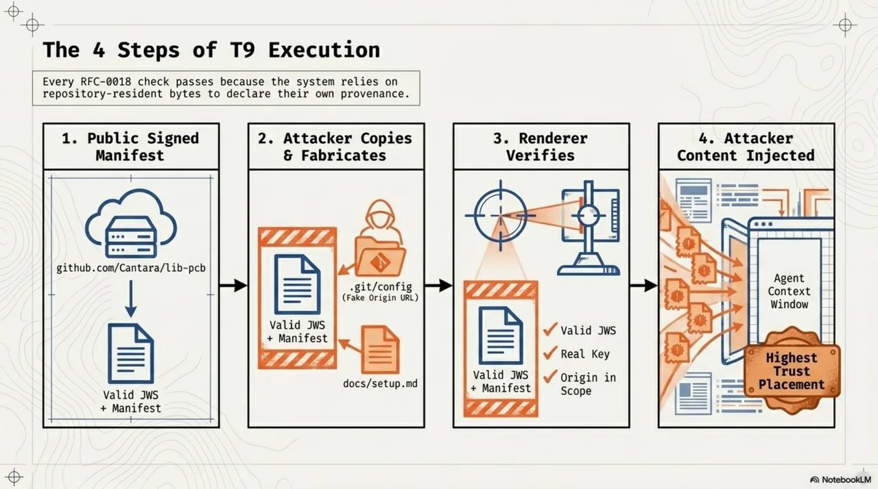 The 4 steps of T9 execution: (1) public signed manifest, (2) attacker copies and fabricates, (3) renderer verifies — valid JWS, real key, origin in scope, (4) attacker content injected at highest trust placement.