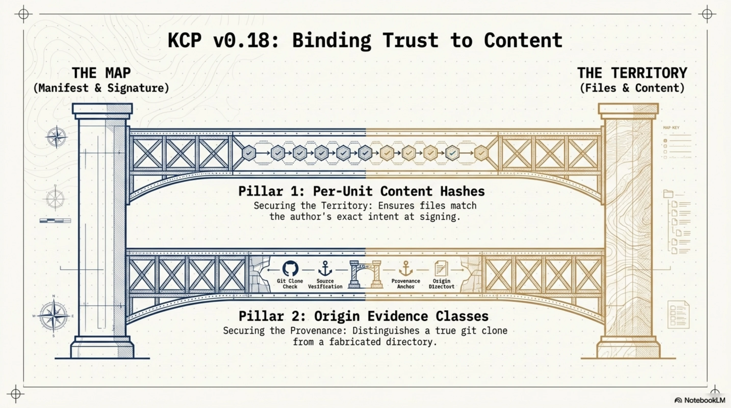 KCP v0.18: Binding Trust to Content — two pillars close the T9 gap. Pillar 1 (per-unit content hashes) binds the signed manifest to the exact bytes at each unit path. Pillar 2 (origin evidence classes) records how the checkout's origin was established, blocking derived-evidence origins from satisfying the trusted tier.