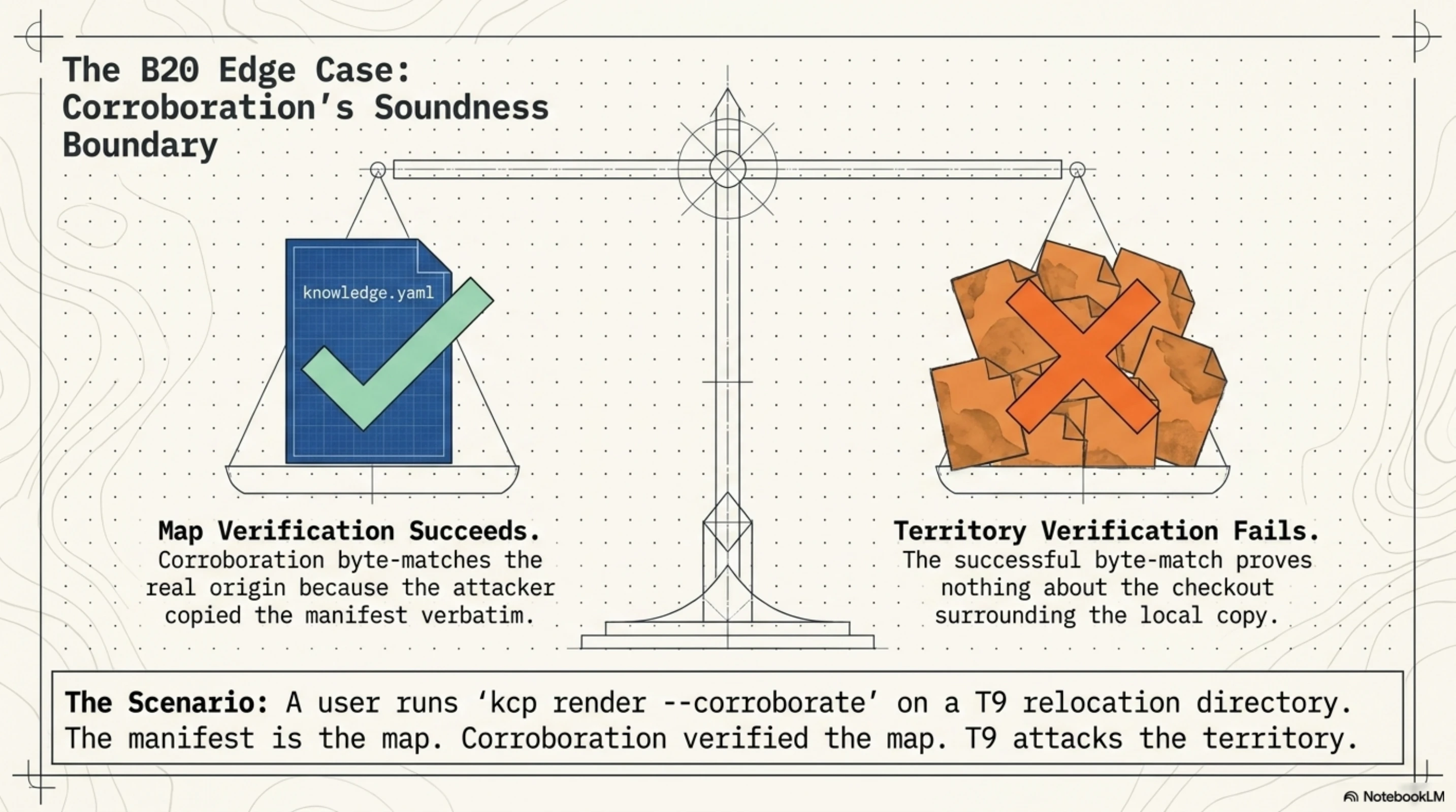 The B20 Edge Case: corroboration's soundness boundary. Map verification succeeds (the manifest at the derived origin matches byte-for-byte — the attacker copied it verbatim). Territory verification fails (the files at the unit paths are attacker-authored, not what the key-holder signed). Corroboration proves the map exists at the origin; it proves nothing about what surrounds it.
