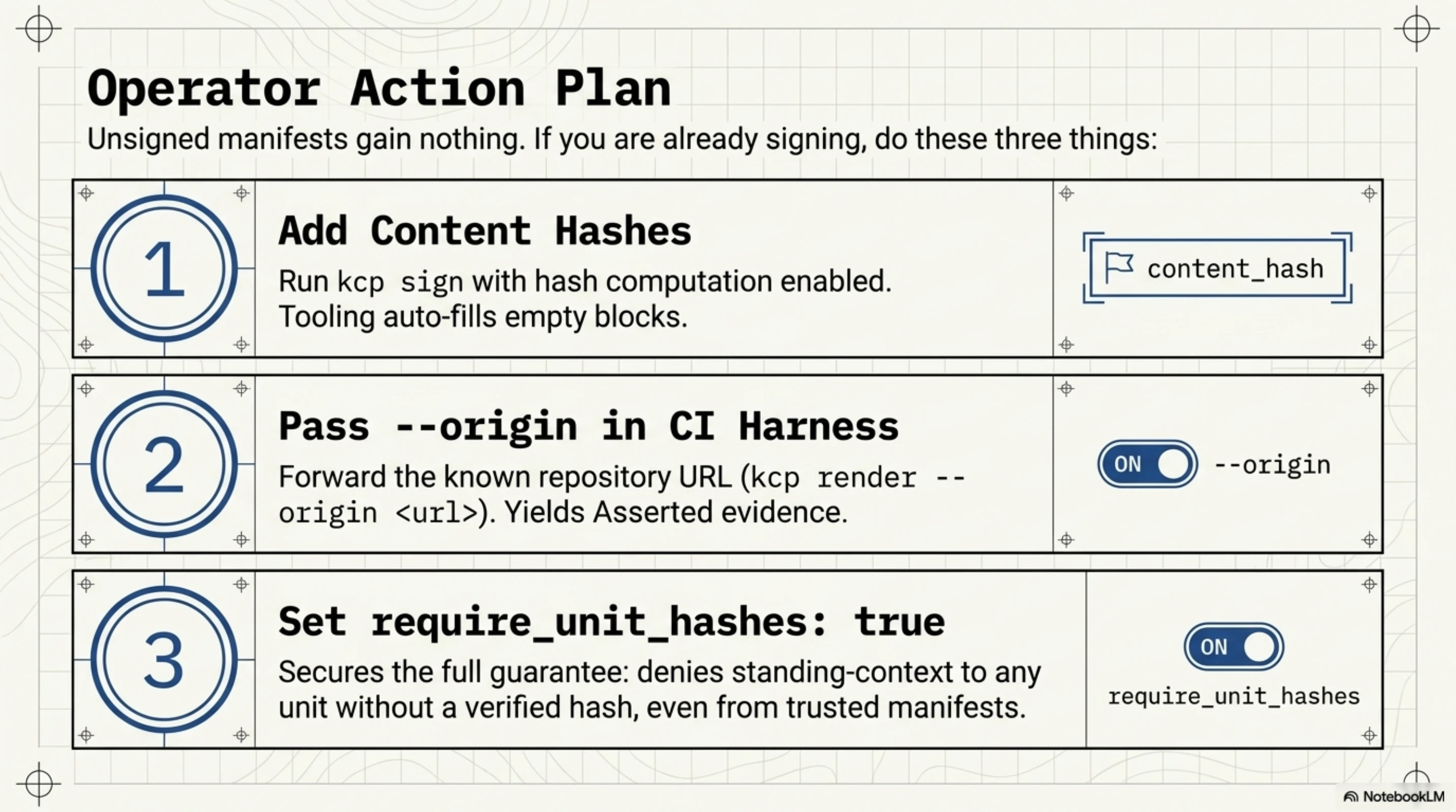 Operator Action Plan: three steps for teams already signing manifests. (1) Add content hashes — run kcp sign with hash computation enabled; declare empty content_hash blocks and let the tooling fill them. (2) Pass --origin in your CI harness — one flag, asserted evidence, no need for corroboration. (3) Consider require_unit_hashes: true — deny standing-context eligibility to unhashed units at trusted tier. Each step is independent; all three together close T9 completely.