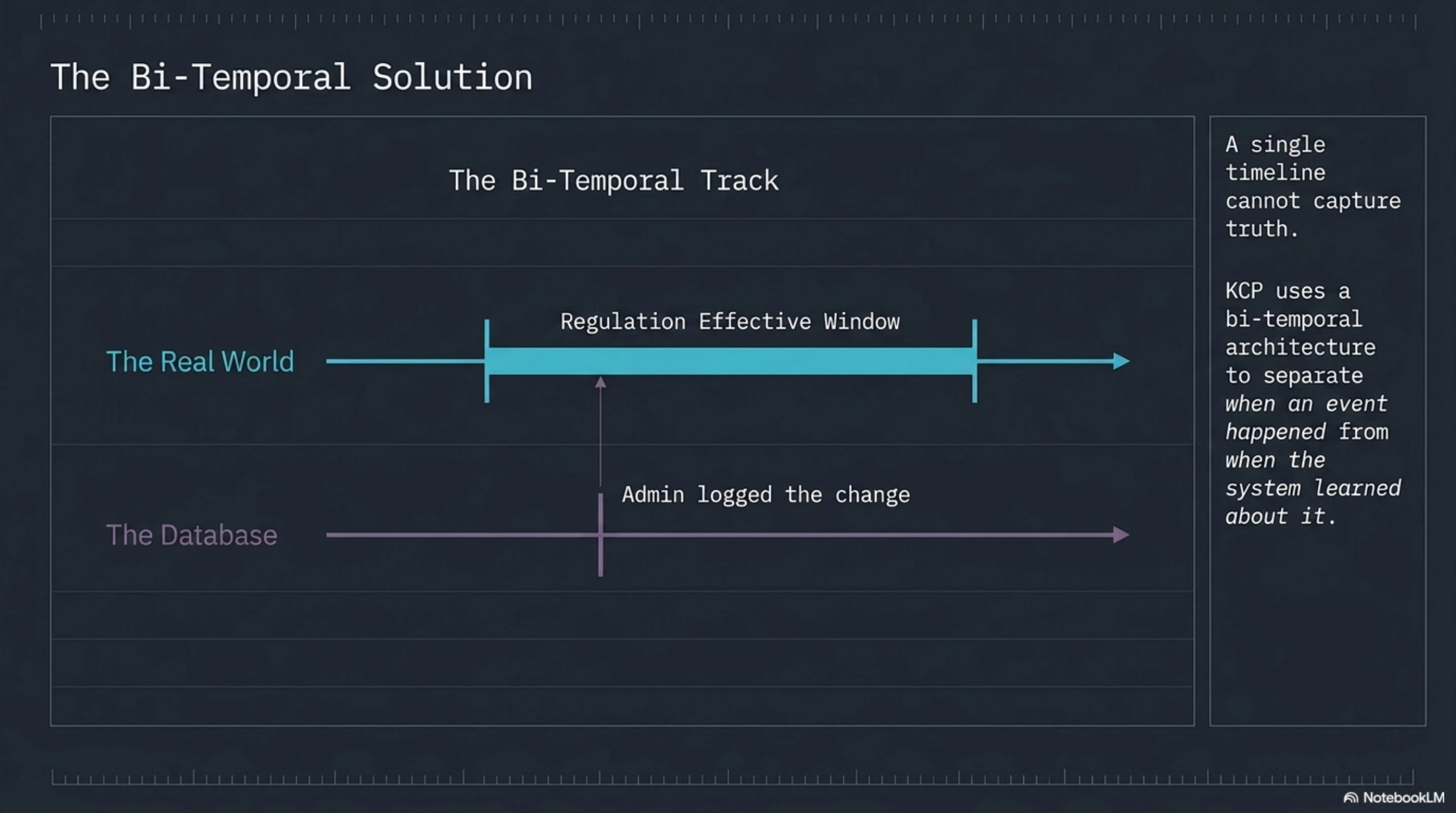 The bi-temporal model: two independent timelines per unit. Valid time (valid_from/valid_until) tracks when the knowledge is true in the real world. Transaction time (recorded_at) tracks when this version entered the manifest. They move independently — a unit authored in March 2026 can declare valid time starting May 2018.