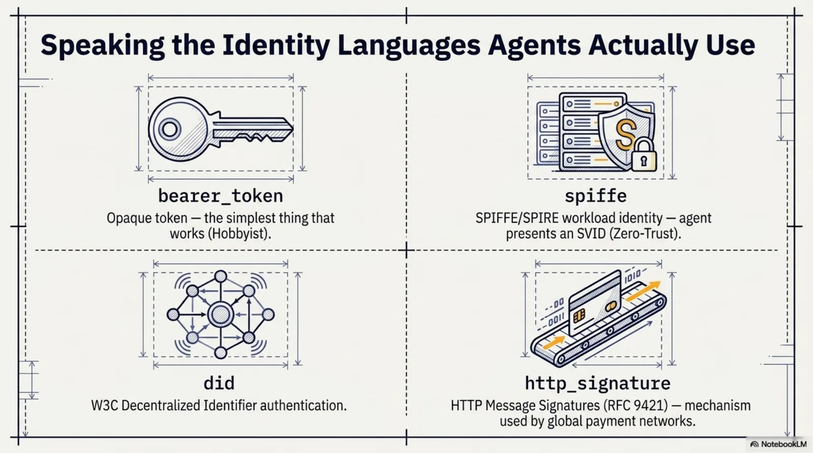 Speaking the identity languages agents actually use: bearer_token for the simplest thing that works, spiffe for zero-trust workload identity across service fleets, did for W3C decentralized sovereign identity, and http_signature per RFC 9421 — the same mechanism Visa TAP and Mastercard Agent Pay use for agent authentication. One identity, carried across knowledge and payment networks alike.