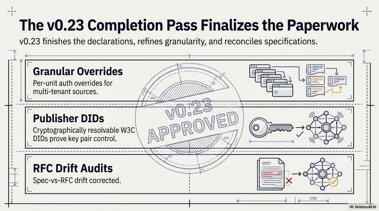 The v0.23 completion pass: per-unit auth overrides for multi-tenant sources, access receipts declared via trust.audit, publisher DIDs for cryptographically resolvable publisher identity, the require_delegation_proof field found and implemented, and an RFC drift audit that corrected the spec's own paperwork.