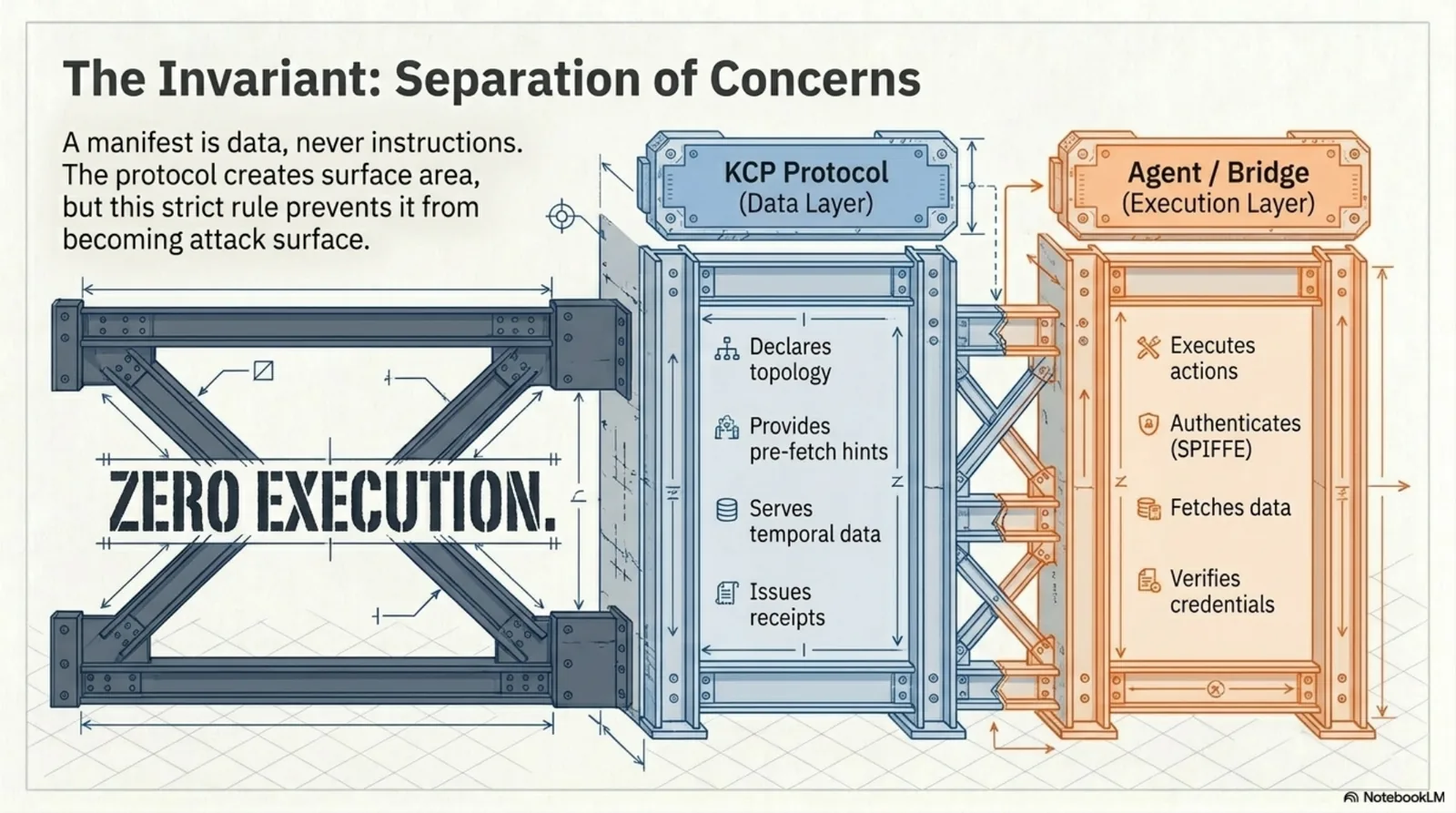 The invariant, separation of concerns: a manifest is data, never instructions — the KCP protocol layer declares topology, provides metadata, serves temporal data and issues receipts, while the agent/bridge execution layer discovers, attests, fetches data and holds credentials; a girder stamped ZERO EXECUTION separates the two
