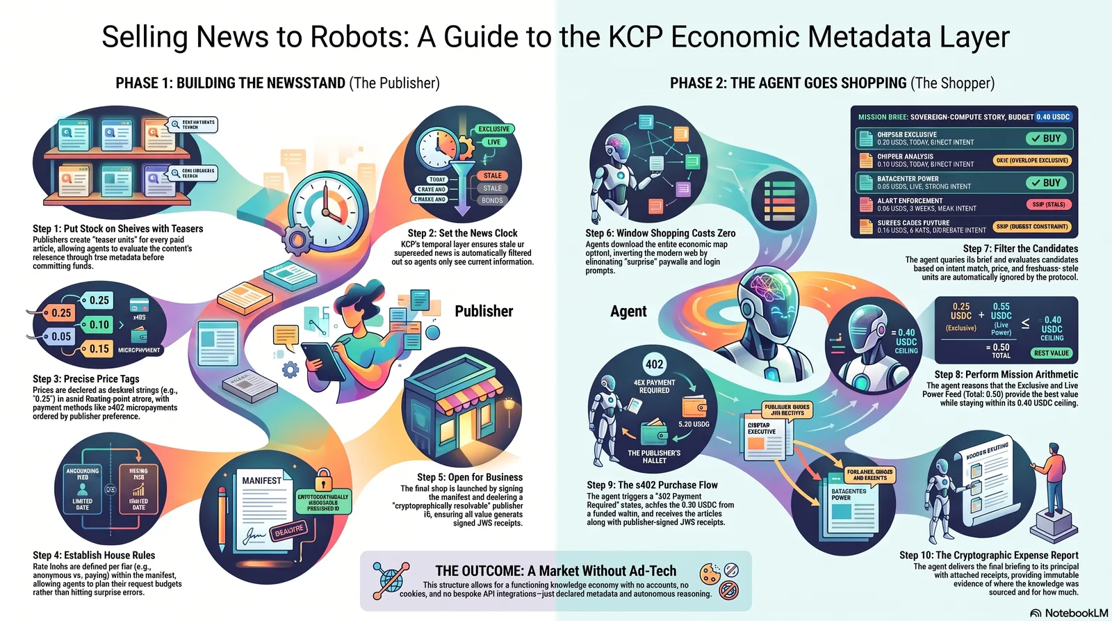 Selling News to Robots: a guide to the KCP economic metadata layer — a two-phase infographic. Phase 1, building the newsstand: the publisher stocks shelves with free teasers, sets the news clock, attaches precise price tags in decimal strings, establishes house rules, and opens for business. Phase 2, the agent goes shopping: window shopping costs zero, candidates are filtered, mission arithmetic picks two buys inside a 0.40 USDC budget, the x402 purchase flow settles, and the cryptographic expense report closes the loop. The outcome: a market without ad tech.