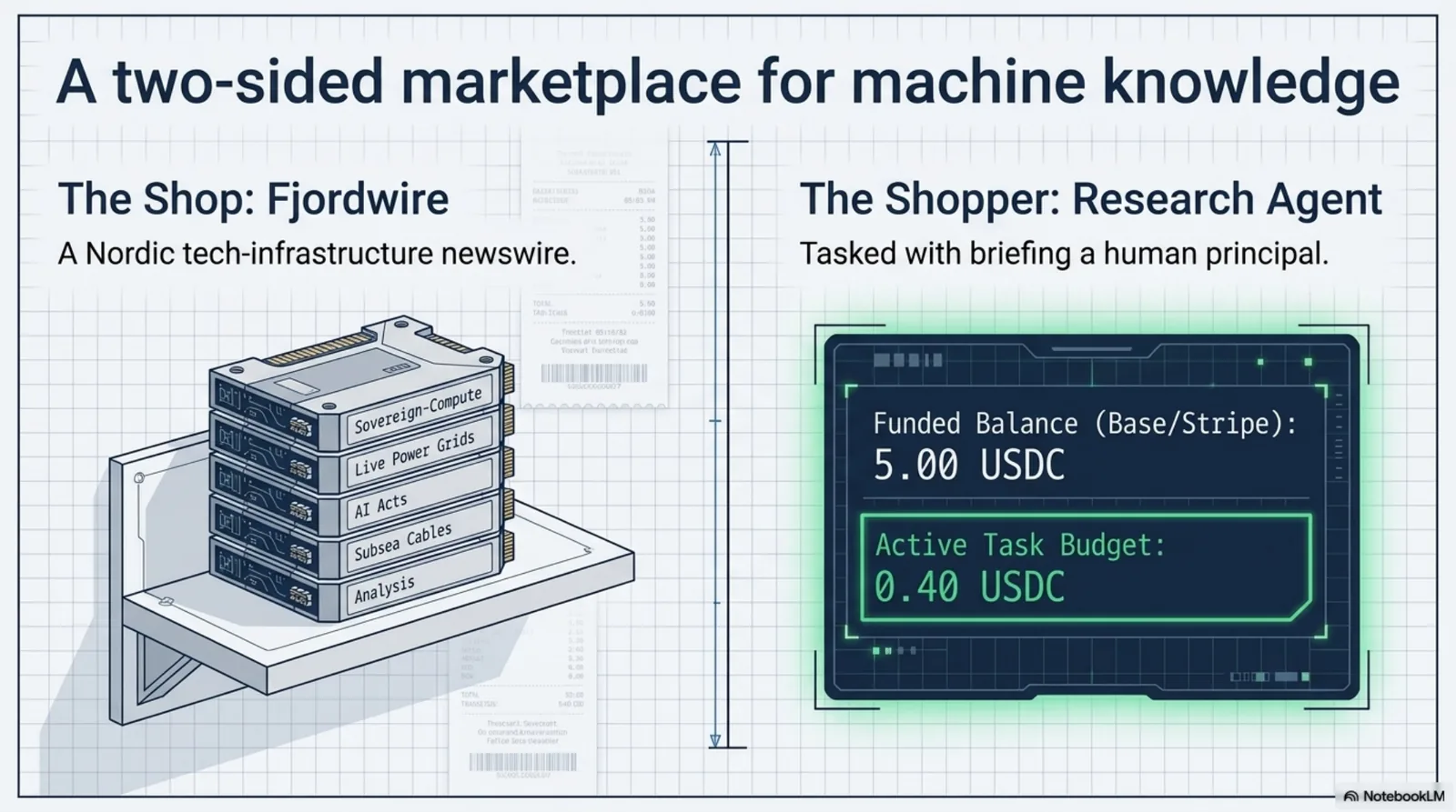 A two-sided marketplace for machine knowledge. The shop: Fjordwire, a Nordic tech-infrastructure newswire, drawn as a stocked shelf of knowledge units. The shopper: a research agent tasked with briefing a human principal, carrying a funded balance of 5.00 USDC on Base via Stripe and an active task budget of 0.40 USDC.