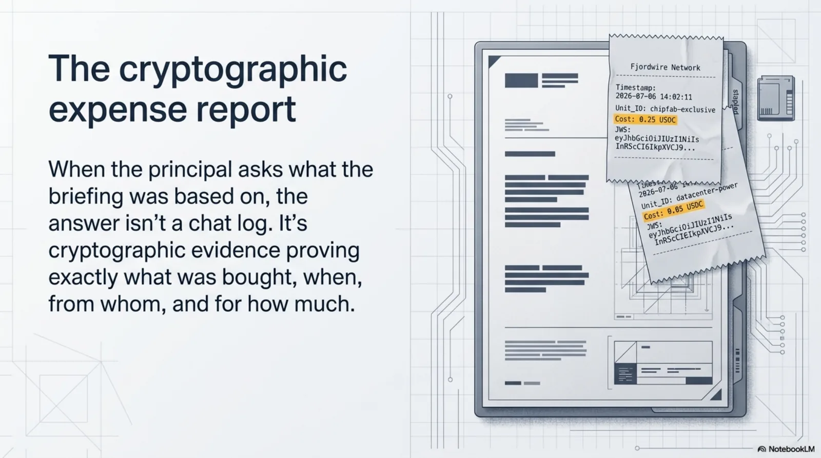 The cryptographic expense report: a briefing document with two publisher-signed receipts stapled to it, each listing unit id, timestamp, agent identity, and amount. When the principal asks what the briefing was based on, the answer isn't a chat log — it's cryptographic evidence proving exactly what was bought, when, from whom, and for how much.