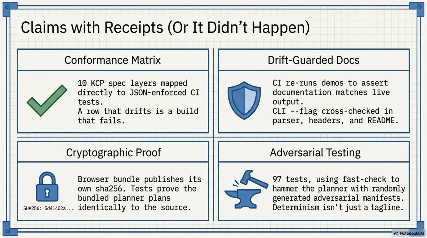 Claims with receipts, or it didn't happen — four proof mechanisms in one blueprint. Conformance matrix: ten KCP spec layers mapped directly to JSON-enforced CI tests, where a row that drifts is a build that fails. Drift-guarded docs: CI re-runs demos to assert documentation matches live output, and every CLI flag is cross-checked in parser, headers, and README. Cryptographic proof: the browser bundle publishes its own sha256 and tests prove the bundled planner plans identically to the source. Adversarial testing: 97 tests using fast-check to hammer the planner with randomly generated manifests — determinism isn't just a tagline.