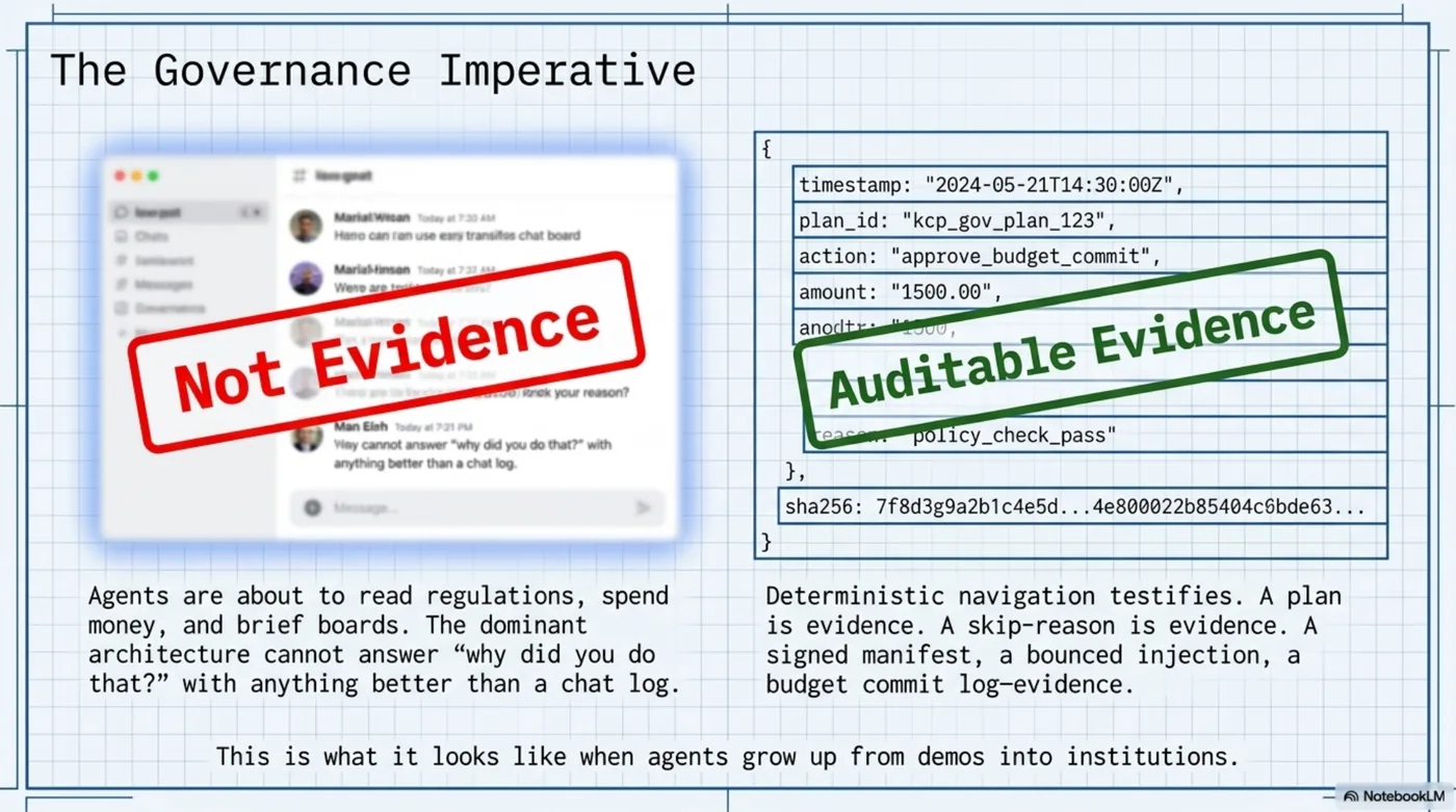 The governance imperative: not evidence versus auditable evidence. On the left, a chat transcript stamped NOT EVIDENCE in red — agents are about to read regulations, spend money, and brief boards, and the dominant architecture cannot answer 'why did you do that?' with anything better than a chat log. On the right, a structured audit record stamped AUDITABLE EVIDENCE in green: timestamp, plan id, action, amount, policy check, sha256. Deterministic navigation testifies: a plan is evidence, a skip-reason is evidence. This is what it looks like when agents grow up from demos into institutions.
