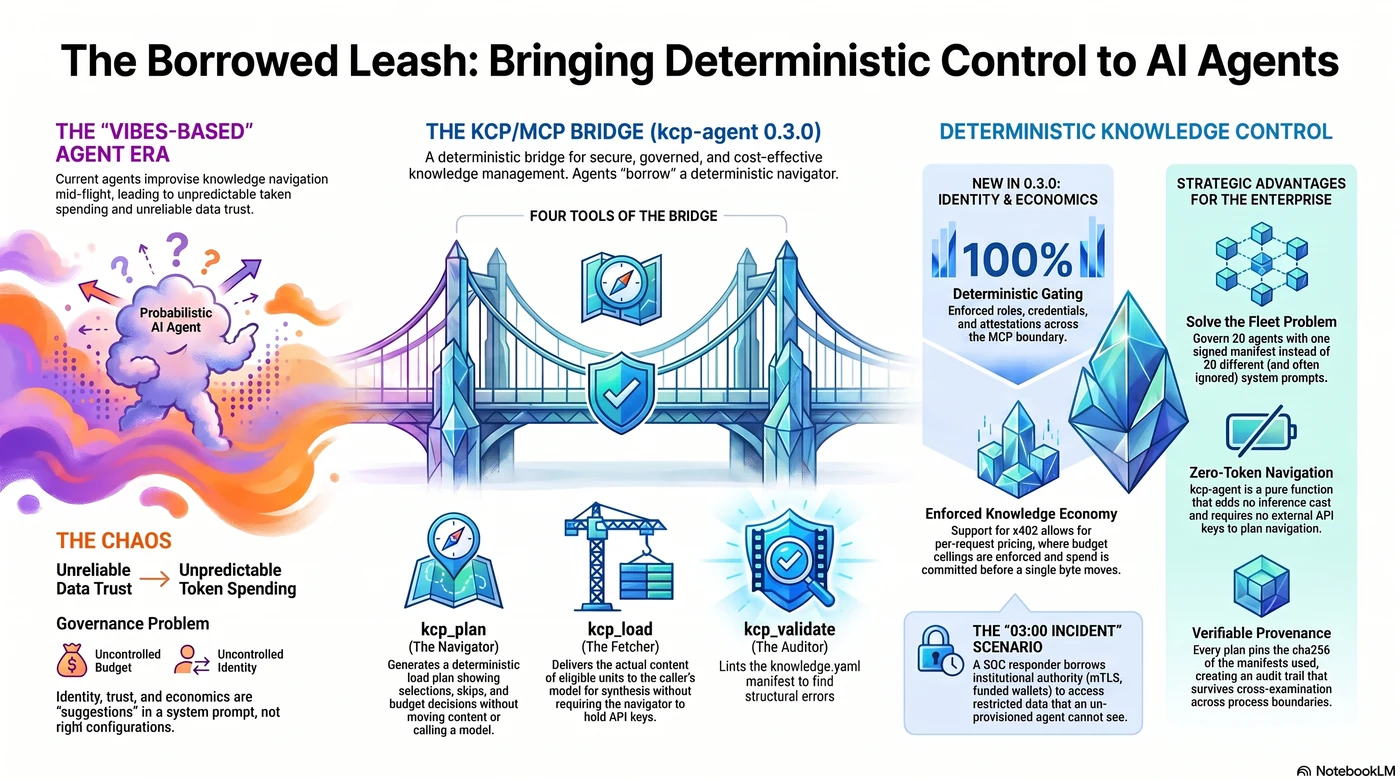 The Borrowed Leash: Bringing Deterministic Control to AI Agents — the bridge at a glance. On the left, the vibes-based agent era: a probabilistic AI agent improvising knowledge navigation mid-flight, with unreliable data trust and unpredictable token spending — unconfirmed budget, unconfirmed identity, everything "suggestions" in a system prompt. In the middle, the KCP/MCP bridge (kcp-agent 0.3.0) and the four tools that cross it: kcp_plan the navigator generating deterministic load plans with selections, skips, and budget decisions without moving content or calling a model; kcp_load the fetcher delivering the actual content of eligible units to the caller's own model for synthesis; kcp_validate the auditor linting the knowledge.yaml manifest. On the right, deterministic knowledge control: new in 0.3.0 — identity and economics, 100% deterministic gating with enforced role, credentials, and attestations across the MCP boundary; an enforced knowledge economy with x402 per-request pricing, budget ceilings enforced and spend committed before a single byte moves; and the strategic advantages — the fleet problem solved (twenty agents, one signed manifest instead of twenty prompts), zero-token navigation with no inference cost and no API keys to leak, verifiable provenance via sha256-pinned manifests, and the 03:00 incident scenario where a SOC-provisioned responder borrows institutional authority that an unprovisioned agent cannot present.