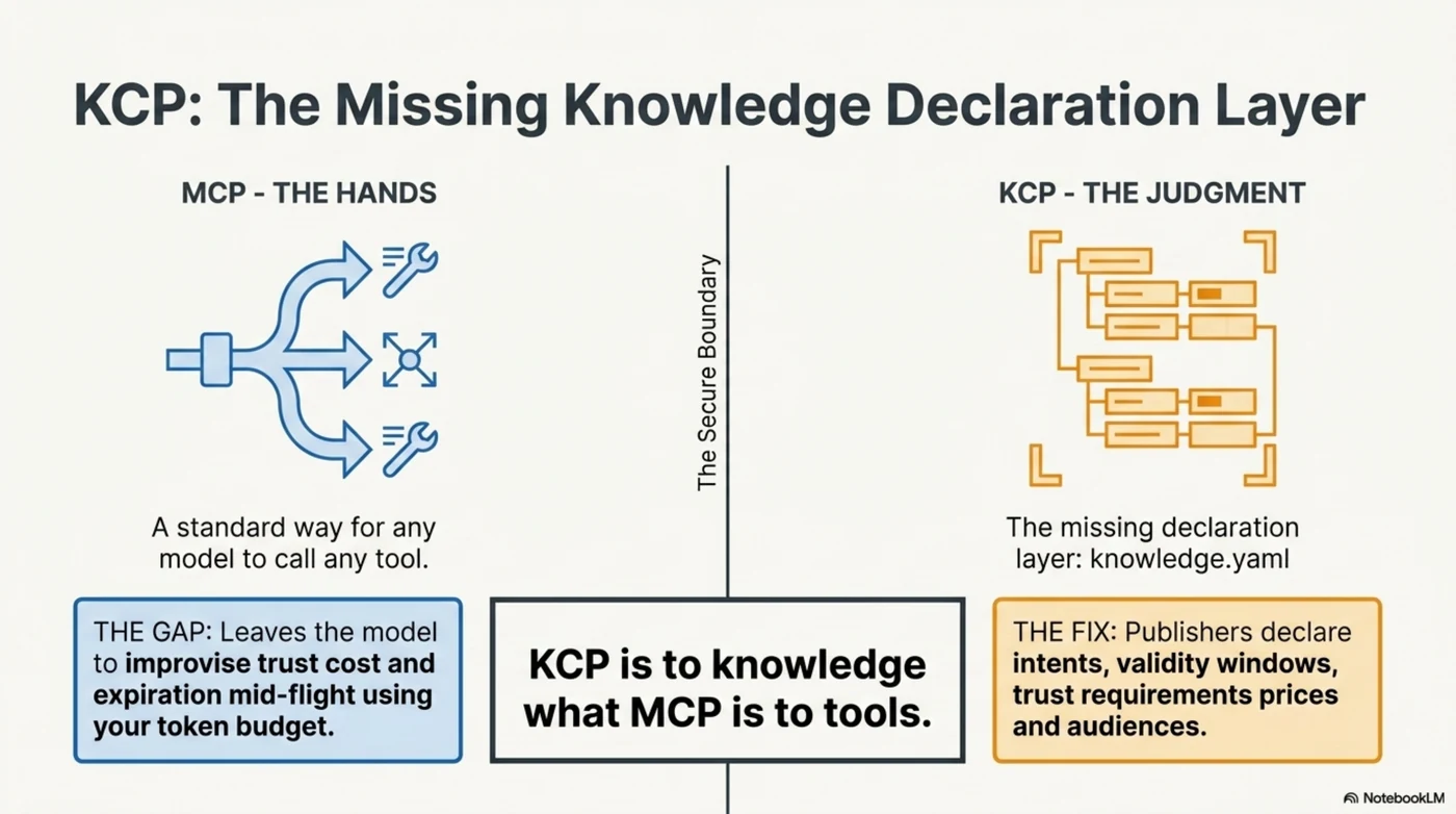 KCP, the missing declaration layer. Publishers describe their knowledge in a knowledge.yaml — intents, validity windows, trust requirements, prices, audiences, federation — and kcp-agent is the pure function that turns those declarations into an inspectable plan. KCP is to knowledge what MCP is to tools.