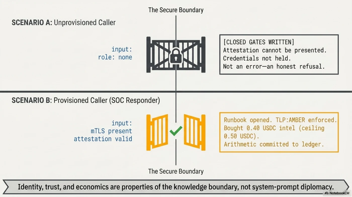 The 03:00 incident, planned twice. At 03:00 the unprovisioned borrowing agent asks over MCP and gets a plan with the closed gates written down: the incident runbook restricted — requires attestation the agent cannot present, access restricted, agent holds no credentials. The SOC provisions the responder — attestation from soc.nordlys.example, an mTLS credential, payment methods free and x402 under a 0.5 USDC ceiling — and the same question opens the runbook and commits 0.4 of 0.5 USDC, arithmetic in the ledger. Same manifest, same task, two honest answers.