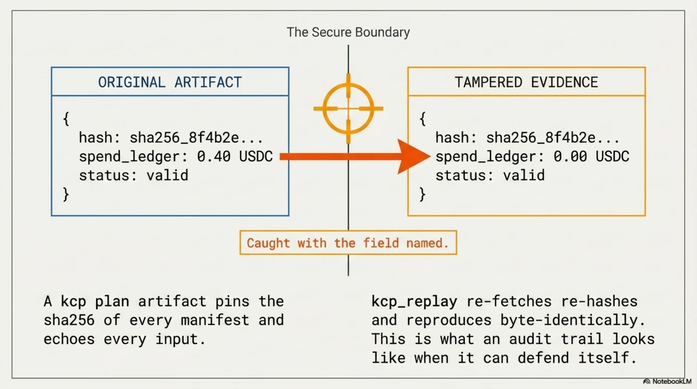 Evidence that survives a process boundary. A kcp plan artifact pins the sha256 of every manifest it planned over and echoes every input that shaped it, so a caller, an auditor, or a different agent six months later can hand it back for cross-examination. Four federated manifests re-fetched, re-hashed, re-planned from the echoed inputs — reproduced byte-identically. And when the borrowing agent edits its own evidence, zeroing the spend ledger before handing the artifact on: caught, with the field named — ravnwatch-intel drifted, plan differs in budget.