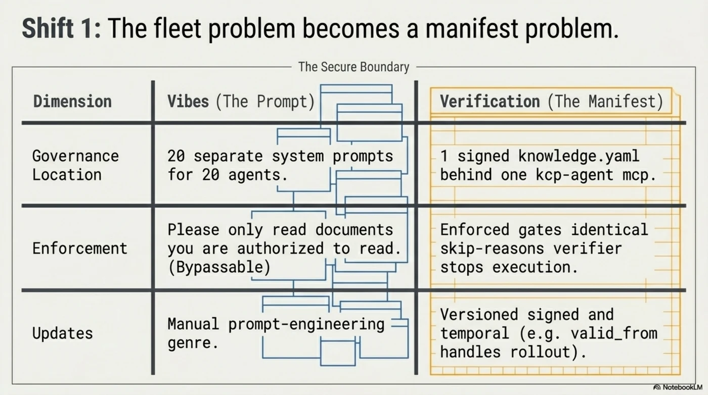 Shift one: the fleet problem becomes a manifest problem. An organization running twenty MCP-capable agents currently governs knowledge access twenty times, in twenty system prompts, none of which are enforced. Put the policy in signed manifests behind one kcp-agent mcp and every agent in the fleet gets the same gates, the same skip-reasons, the same budget arithmetic. Governance stops being a prompt-engineering genre and becomes configuration: when policy changes, you change one manifest — versioned, signed, and temporal.
