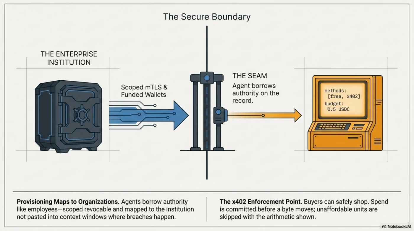 Shifts two and three: provisioning maps to organizations, and the knowledge economy gets an enforcement point. The SOC provisions the responder — attestation, an mTLS credential, a funded wallet with a ceiling — so the agent borrows authority the way an employee does: from the institution, scoped, revocable, on the record. And on the buyer side of the first till on the agentic web, ceilings are enforced in the plan, spend is committed before a byte moves, and unaffordable units are skipped with the arithmetic shown.
