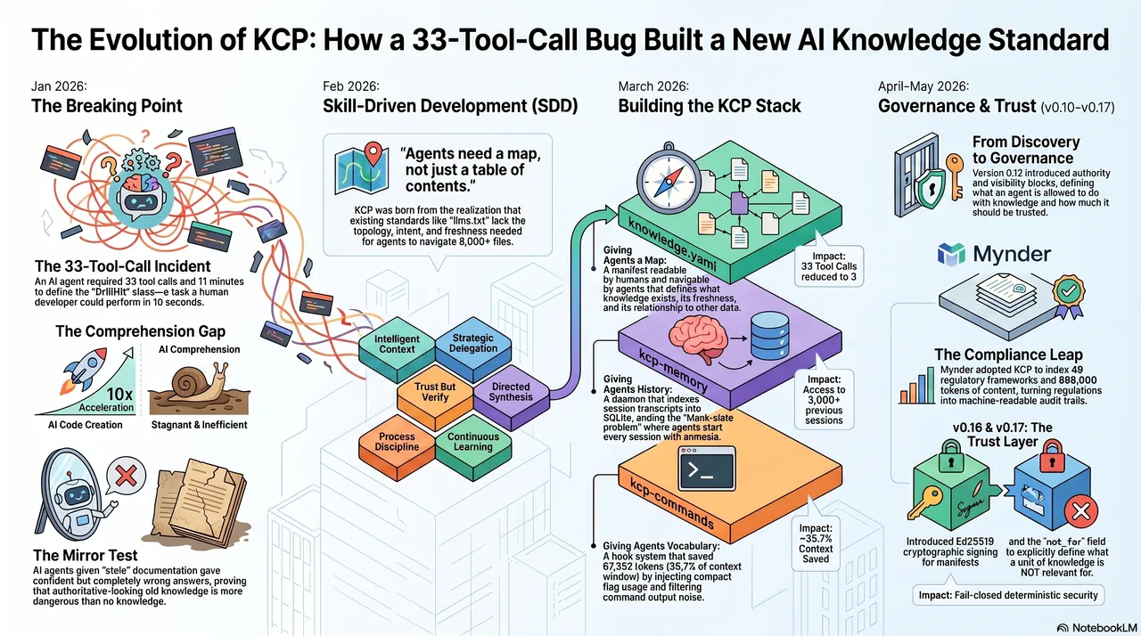 The evolution of KCP: from the 33-tool-call incident and the comprehension gap (January 2026), through Skill-Driven Development and "agents need a map, not just a table of contents" (February), to the KCP stack — knowledge.yaml, kcp-memory, kcp-commands (March) — and the governance and trust layer of v0.10–v0.17 (April–June).