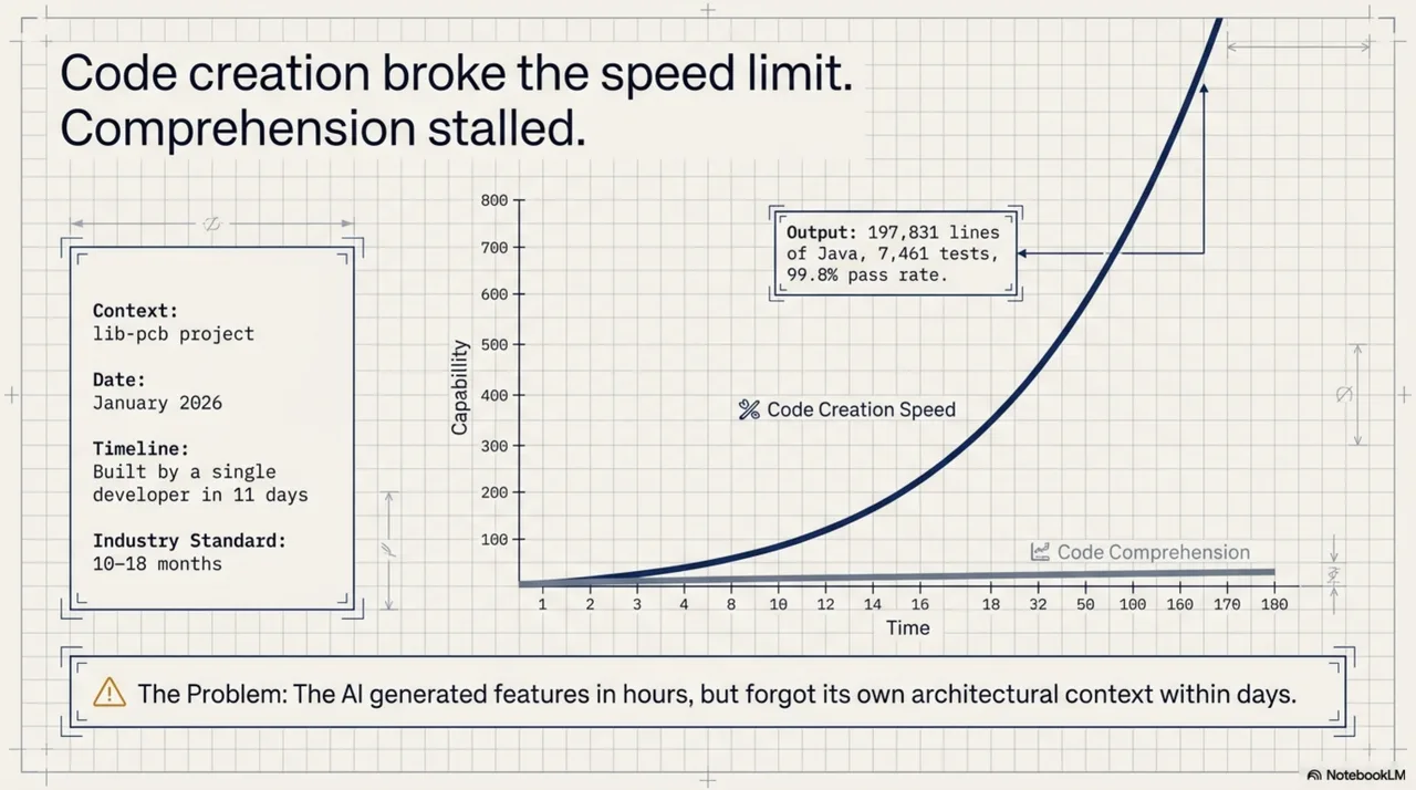 Code creation broke the speed limit; comprehension stalled. An exponential curve of code creation speed against a flat line of code comprehension — 197,831 lines of Java, 7,461 tests, 99.8% pass rate, built by a single developer in 11 days against a 10–18 month industry standard. The AI generated features in hours but forgot its own architectural context within days.