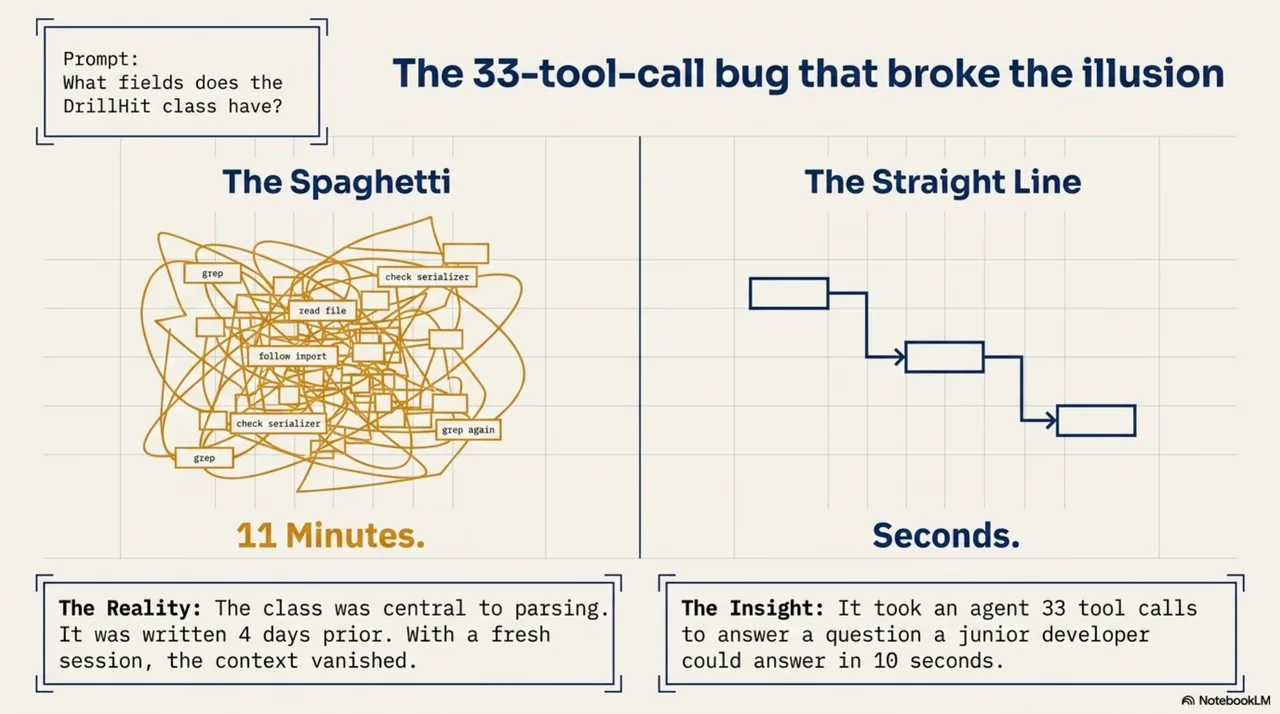 The 33-tool-call bug that broke the illusion: the same question answered two ways. The Spaghetti — a tangle of grep, read-file, follow-import round trips taking 11 minutes. The Straight Line — a manifest-guided lookup taking seconds. The class was central to parsing, written four days prior; with a fresh session, the context vanished.