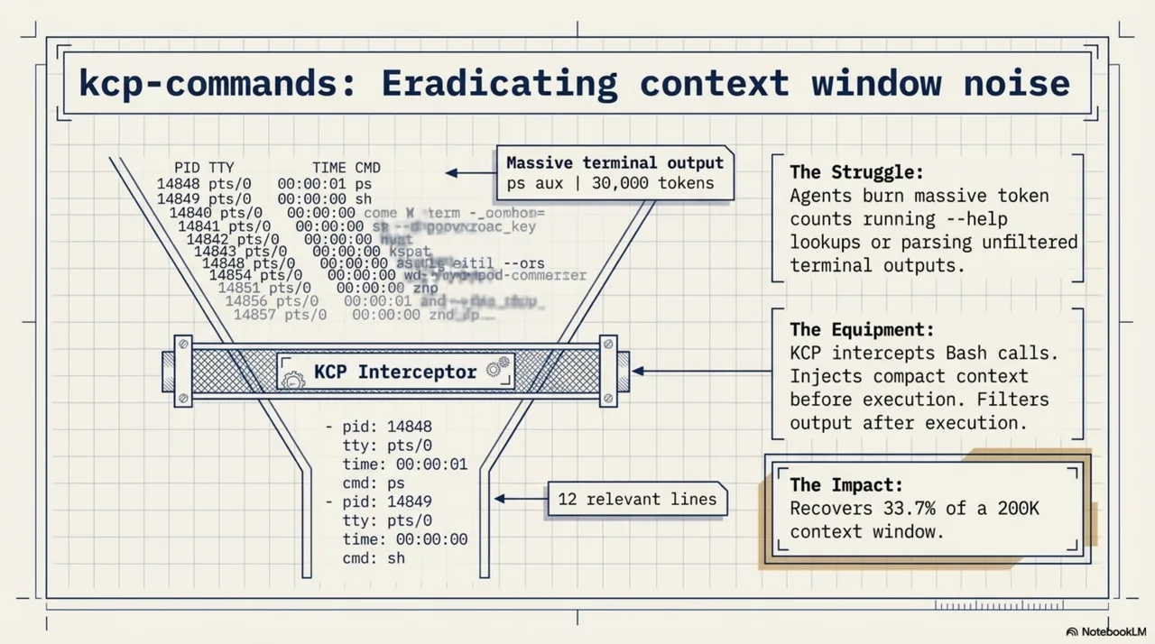 kcp-commands: eradicating context window noise. A KCP interceptor sits between massive terminal output (ps aux, 30,000 tokens) and the agent, injecting compact context before execution and filtering output to the 12 relevant lines after. Impact: recovers 33.7% of a 200K context window.