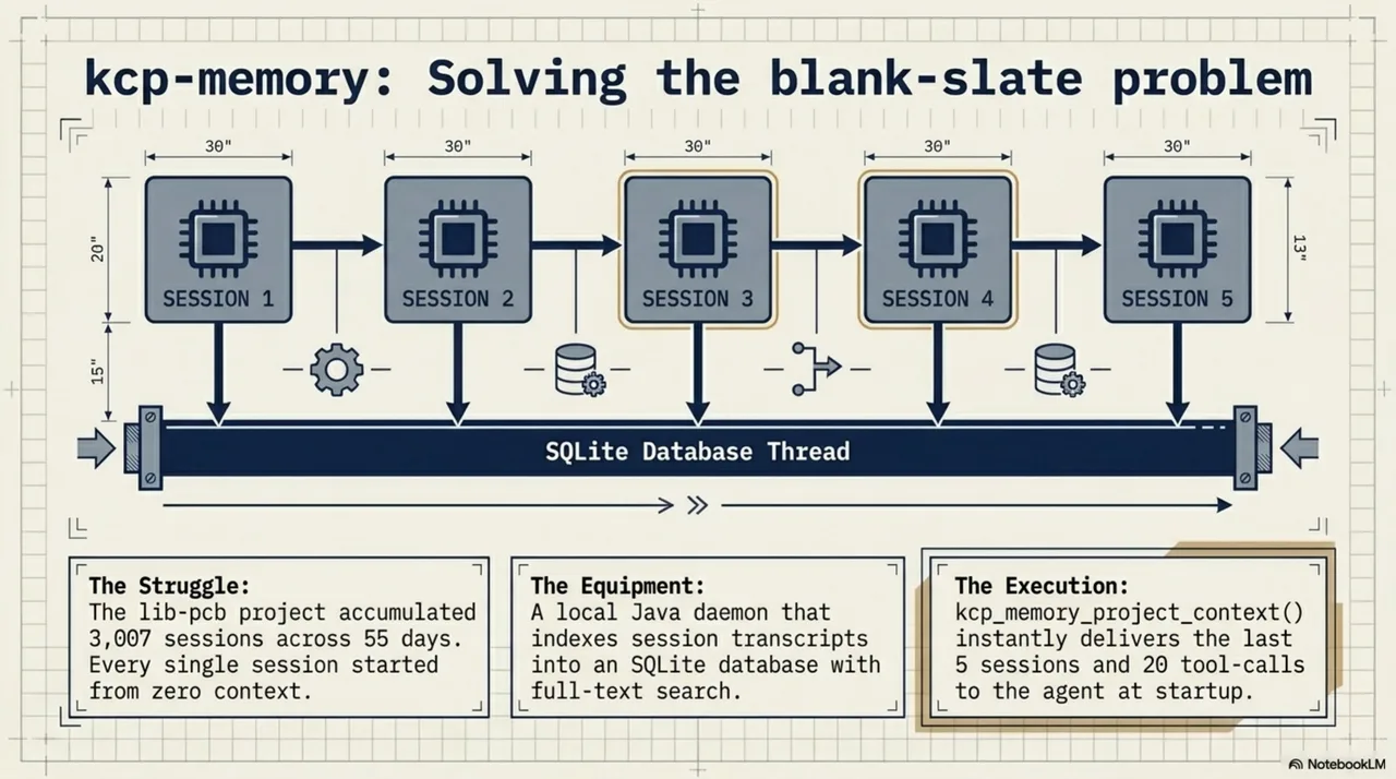 kcp-memory: solving the blank-slate problem. Five session blocks feed into a SQLite database thread. The struggle: 3,007 sessions across 55 days, every one starting from zero context. The equipment: a local Java daemon indexing session transcripts with full-text search. The execution: kcp_memory_project_context() instantly delivers the last 5 sessions and 20 tool-calls to the agent at startup.