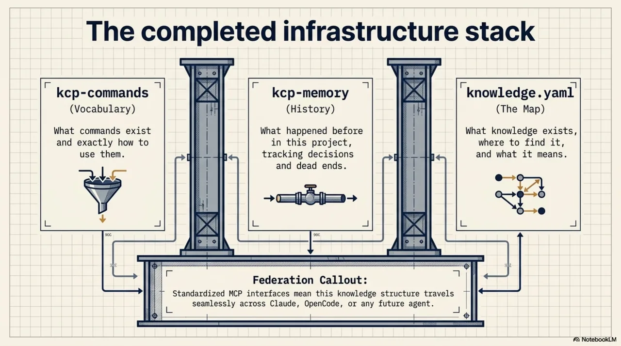 The completed infrastructure stack: kcp-commands (vocabulary — what commands exist and exactly how to use them), kcp-memory (history — what happened before in this project, tracking decisions and dead ends), and knowledge.yaml (the map — what knowledge exists, where to find it, what it means). Federation callout: standardized MCP interfaces mean this knowledge structure travels seamlessly across Claude, OpenCode, or any future agent.