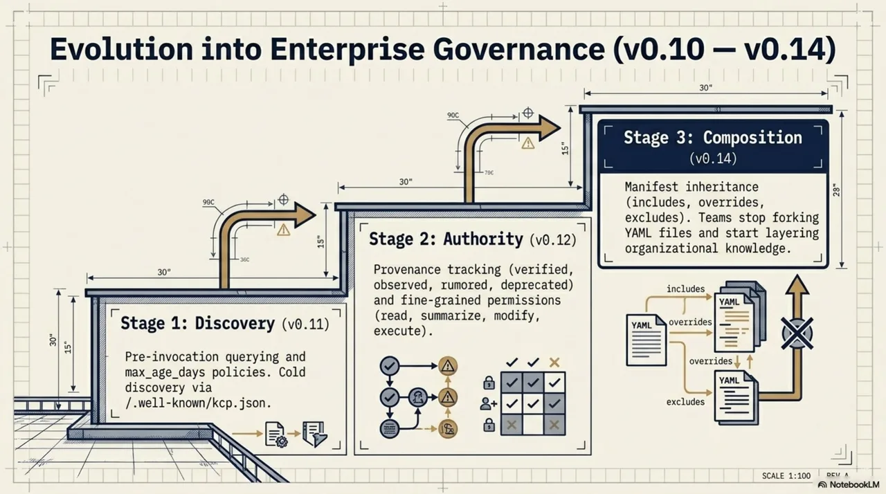 Evolution into enterprise governance (v0.10 – v0.14), drawn as an ascending staircase. Stage 1: Discovery (v0.11) — pre-invocation querying, max_age_days policies, cold discovery via /.well-known/kcp.json. Stage 2: Authority (v0.12) — provenance tracking (verified, observed, rumored, deprecated) and fine-grained permissions (read, summarize, modify, execute). Stage 3: Composition (v0.14) — manifest inheritance with includes, overrides, excludes; teams stop forking YAML files and start layering organizational knowledge.