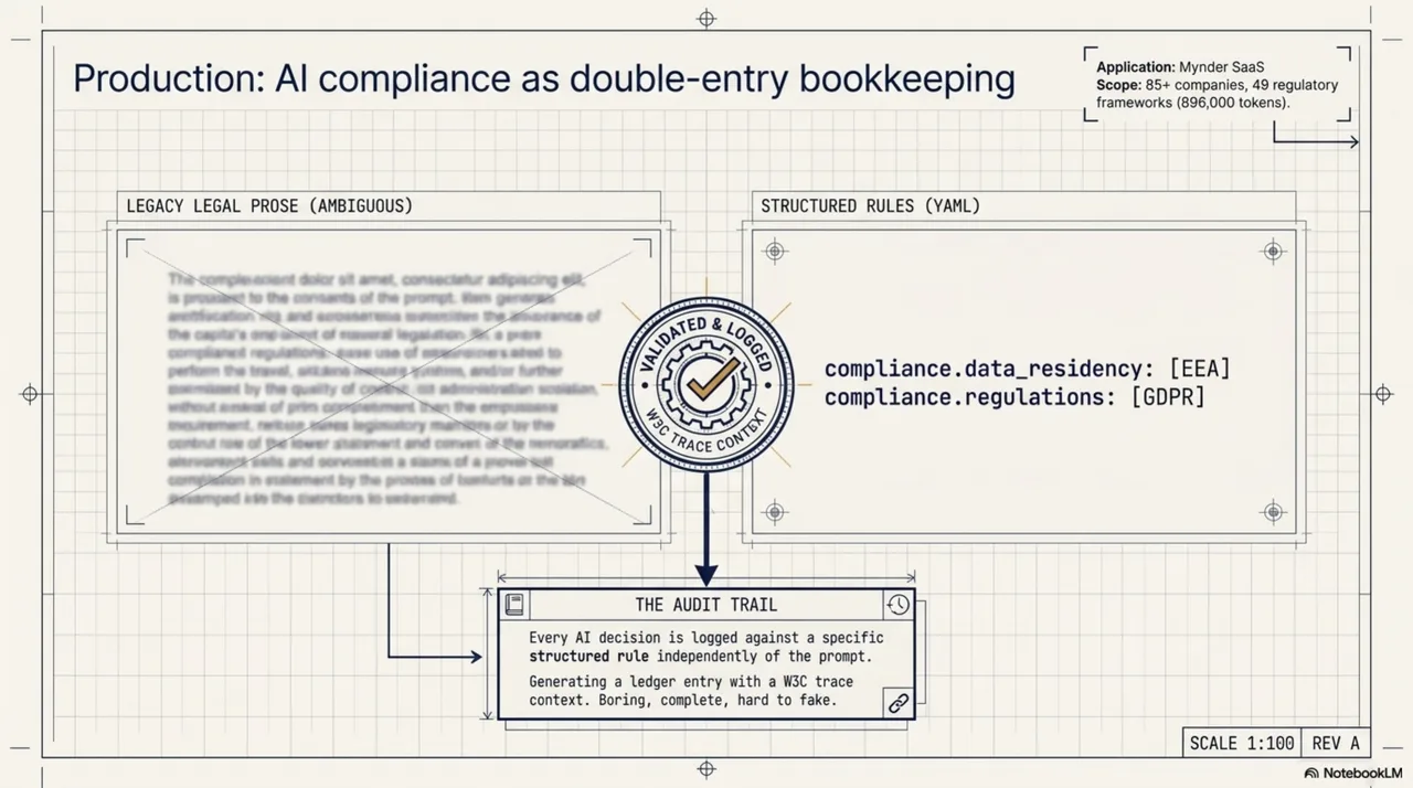 Production: AI compliance as double-entry bookkeeping. Legacy legal prose (ambiguous) on one side, structured YAML rules on the other — compliance.data_residency: [EEA], compliance.regulations: [GDPR] — joined by a "validated and logged" seal. The audit trail below: every AI decision is logged against a specific structured rule independently of the prompt, generating a ledger entry with W3C trace context. Boring, complete, hard to fake.
