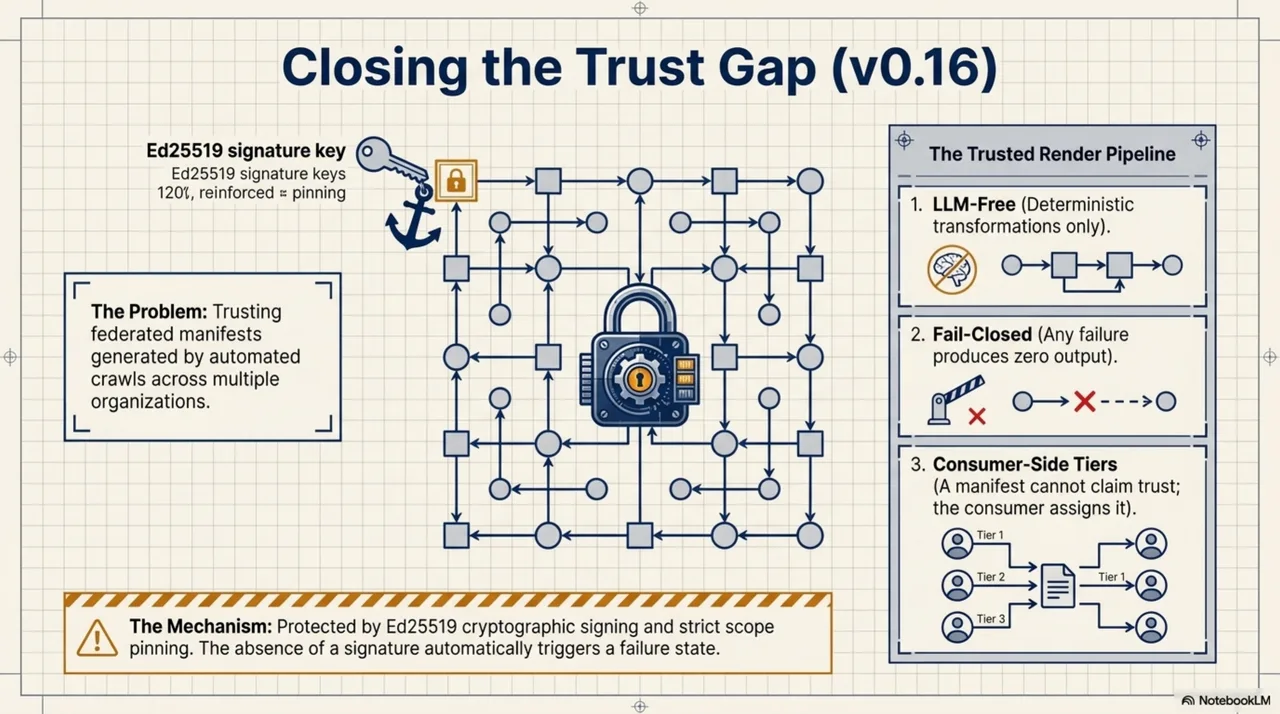 Closing the trust gap (v0.16). A padlock at the center of a federated manifest graph, anchored by an Ed25519 signature key with scope pinning. The Trusted Render Pipeline's three principles: LLM-free (deterministic transformations only), fail-closed (any failure produces zero output), and consumer-side tiers (a manifest cannot claim trust; the consumer assigns it). The absence of an expected signature automatically triggers a failure state.