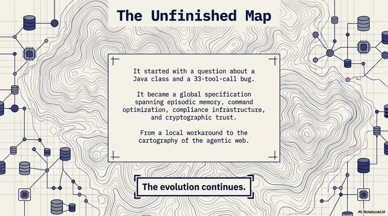 The Unfinished Map: it started with a question about a Java class and a 33-tool-call bug. It became a global specification spanning episodic memory, command optimization, compliance infrastructure, and cryptographic trust. From a local workaround to the cartography of the agentic web. The evolution continues.