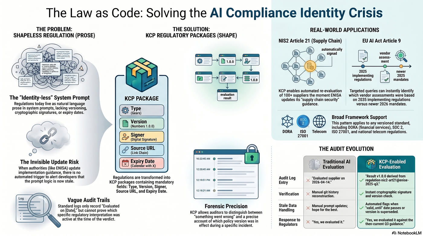 Overview: The Law as Code — Solving the AI Compliance Identity Crisis. The problem (shapeless regulations as prose), the KCP solution (typed regulatory packages), and real-world applications across NIS2 and EU AI Act.