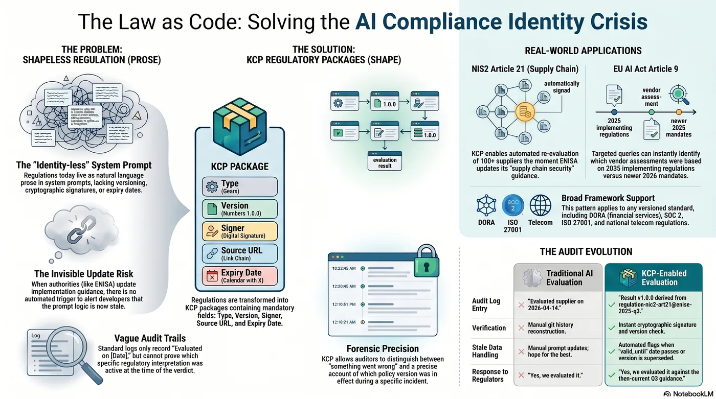Overview: The Law as Code — Solving the AI Compliance Identity Crisis. The problem (shapeless regulations as prose), the KCP solution (typed regulatory packages), and real-world applications across NIS2 and EU AI Act.