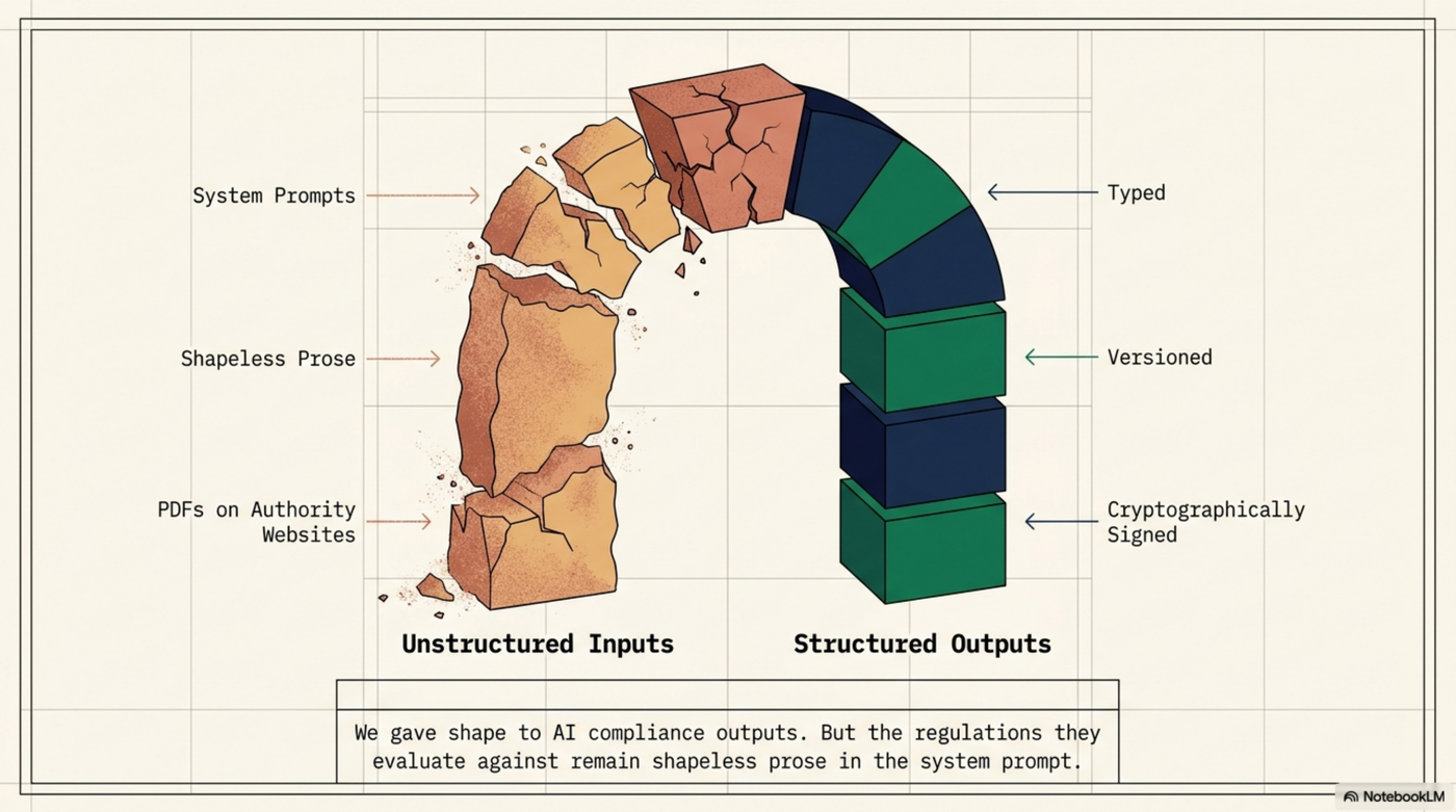 Unstructured Inputs vs Structured Outputs: the crumbling arch on the left (system prompts, shapeless prose, PDFs on authority websites) vs the solid structured arch on the right (typed, versioned, cryptographically signed). We gave shape to AI compliance outputs. But the regulations they evaluate against remain shapeless prose in the system prompt.