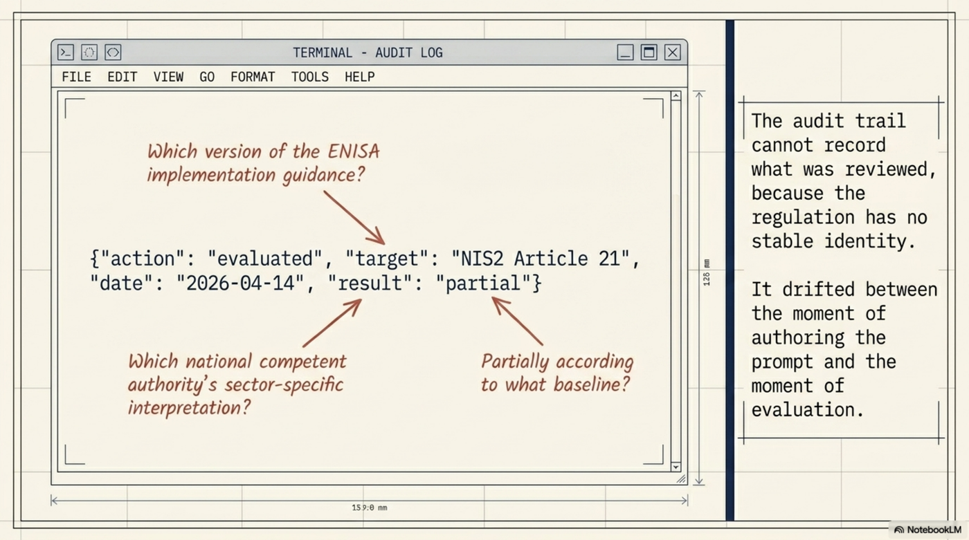 Terminal audit log showing the problem: {"action": "evaluated", "target": "NIS2 Article 21", "date": "2026-04-14", "result": "partial"} — with unanswerable questions: Which version of the ENISA implementation guidance? Which national competent authority's sector-specific interpretation? Partially according to what baseline? The audit trail cannot record what was reviewed, because the regulation has no stable identity.