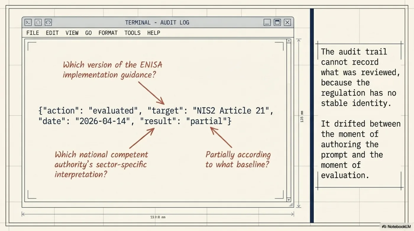 Terminal audit log showing the problem: {"action": "evaluated", "target": "NIS2 Article 21", "date": "2026-04-14", "result": "partial"} — with unanswerable questions: Which version of the ENISA implementation guidance? Which national competent authority's sector-specific interpretation? Partially according to what baseline? The audit trail cannot record what was reviewed, because the regulation has no stable identity.