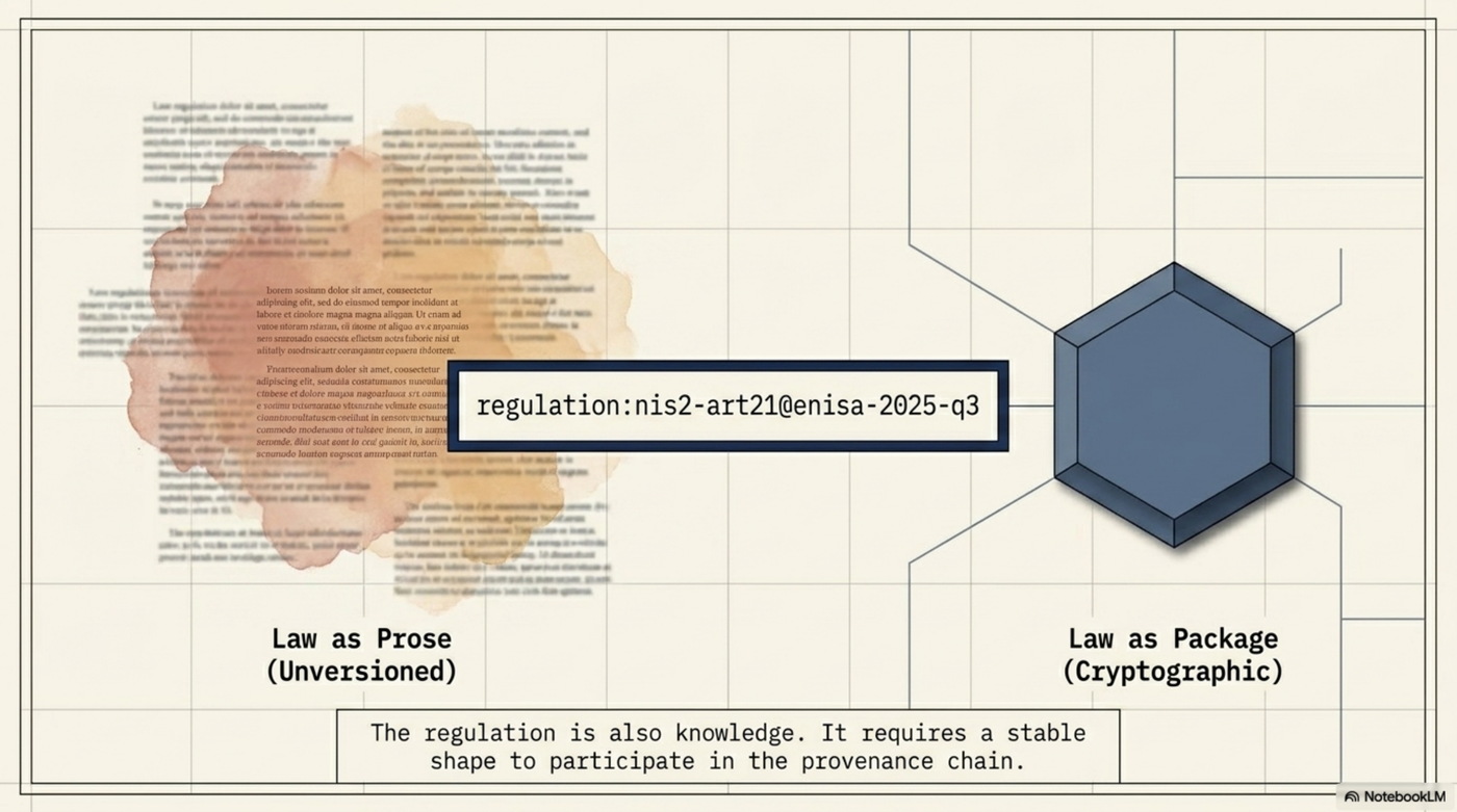 Law as Prose (Unversioned) vs Law as Package (Cryptographic): regulation:nis2-art21@enisa-2025-q3 — The regulation is also knowledge. It requires a stable shape to participate in the provenance chain.