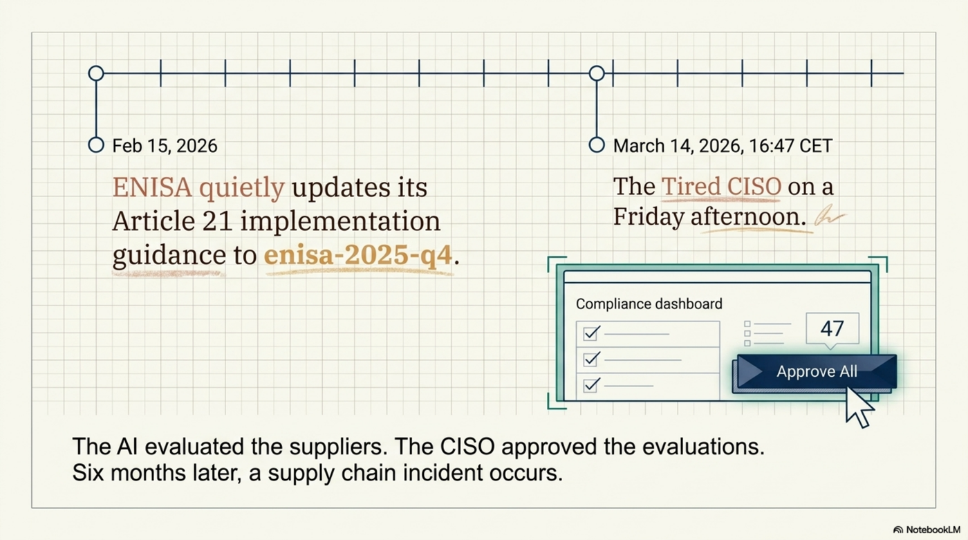 Timeline: ENISA quietly updates its Article 21 implementation guidance to enisa-2025-q4 on Feb 15, 2026. The Tired CISO approves 47 evaluations on March 14, 2026 at 16:47 CET. The AI evaluated the suppliers. The CISO approved the evaluations. Six months later, a supply chain incident occurs.