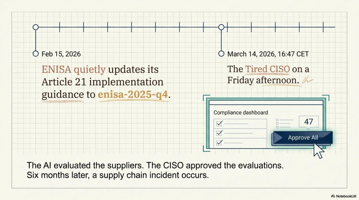 Timeline: ENISA quietly updates its Article 21 implementation guidance to enisa-2025-q4 on Feb 15, 2026. The Tired CISO approves 47 evaluations on March 14, 2026 at 16:47 CET. The AI evaluated the suppliers. The CISO approved the evaluations. Six months later, a supply chain incident occurs.