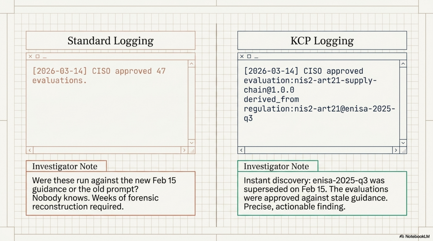 Standard Logging vs KCP Logging: Standard — "[2026-03-14] CISO approved 47 evaluations." Investigator note: Were these run against the new Feb 15 guidance or the old prompt? Nobody knows. Weeks of forensic reconstruction required. KCP — "[2026-03-14] CISO approved evaluation:nis2-art21-supply-chain@1.0.0 derived_from regulation:nis2-art21@enisa-2025-q3." Investigator note: Instant discovery — enisa-2025-q3 was superseded on Feb 15. The evaluations were approved against stale guidance. Precise, actionable finding.