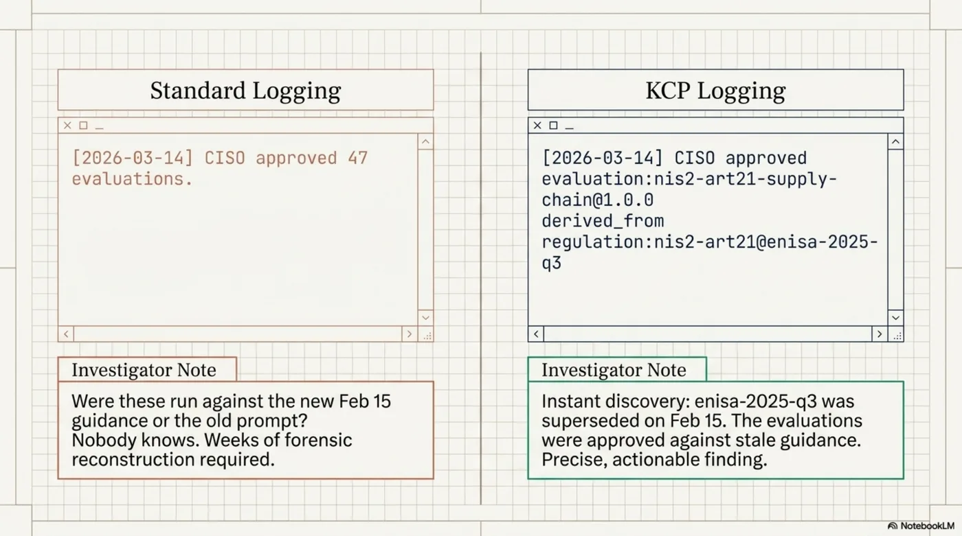 Standard Logging vs KCP Logging: Standard — "[2026-03-14] CISO approved 47 evaluations." Investigator note: Were these run against the new Feb 15 guidance or the old prompt? Nobody knows. Weeks of forensic reconstruction required. KCP — "[2026-03-14] CISO approved evaluation:nis2-art21-supply-chain@1.0.0 derived_from regulation:nis2-art21@enisa-2025-q3." Investigator note: Instant discovery — enisa-2025-q3 was superseded on Feb 15. The evaluations were approved against stale guidance. Precise, actionable finding.