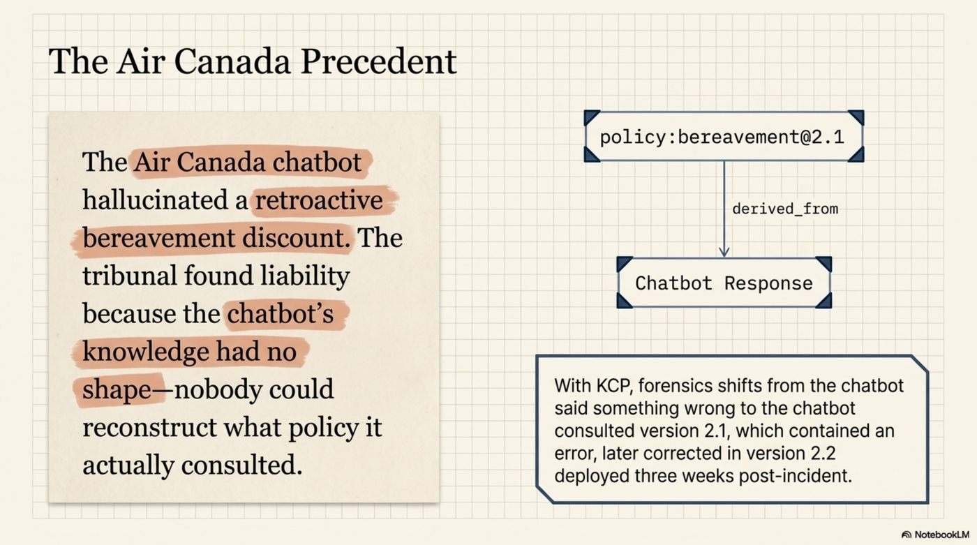 The Air Canada Precedent: The chatbot hallucinated a retroactive bereavement discount. The tribunal found liability because the chatbot's knowledge had no shape — nobody could reconstruct what policy it actually consulted. With KCP: policy:bereavement@2.1 → derived_from → Chatbot Response. Forensics shifts from "the chatbot said something wrong" to "the chatbot consulted version 2.1, which contained an error, later corrected in version 2.2 deployed three weeks post-incident."