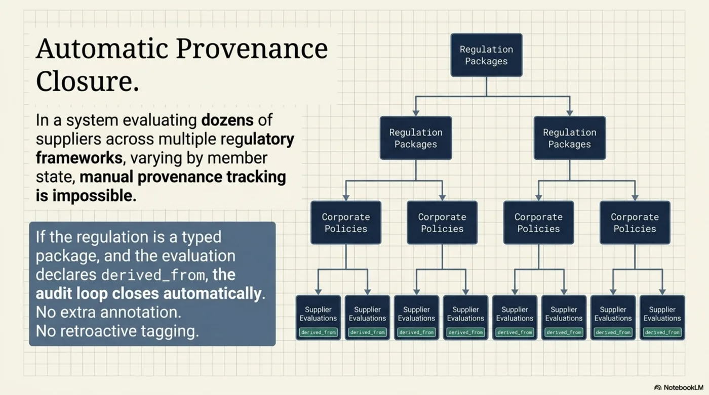 Automatic Provenance Closure: In a system evaluating dozens of suppliers across multiple regulatory frameworks, varying by member state, manual provenance tracking is impossible. If the regulation is a typed package, and the evaluation declares derived_from, the audit loop closes automatically. No extra annotation. No retroactive tagging. Tree diagram showing Regulation Packages → Corporate Policies → Supplier Evaluations, all with derived_from links.