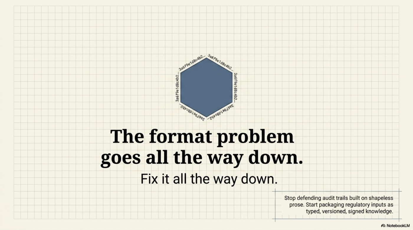 The format problem goes all the way down. Fix it all the way down. Stop defending audit trails built on shapeless prose. Start packaging regulatory inputs as typed, versioned, signed knowledge.