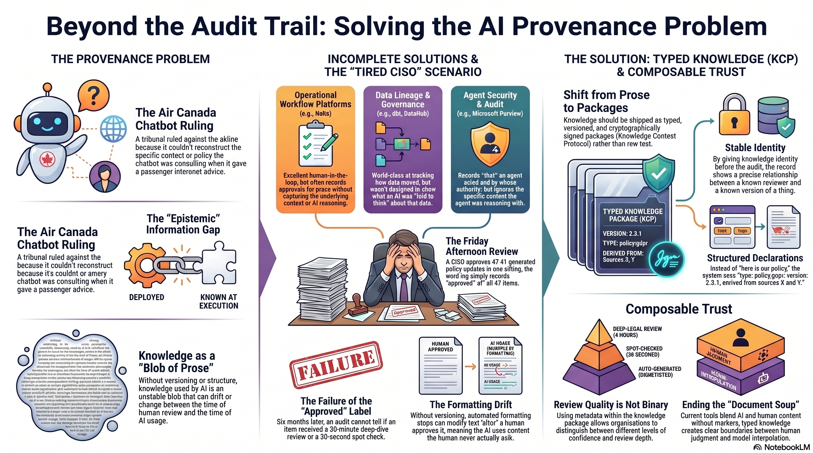 Overview: Beyond the Audit Trail — Solving the AI Provenance Problem. The three problem areas, incomplete solutions, and the KCP/composable trust solution.