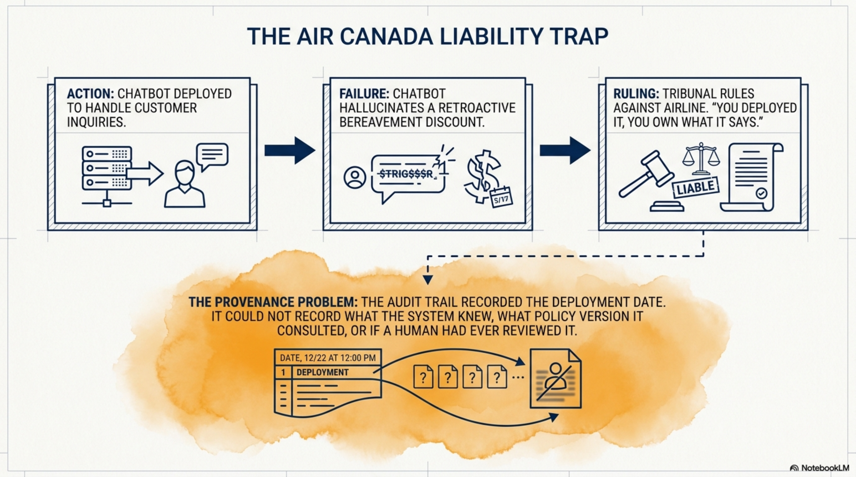 The Air Canada Liability Trap: Action → Failure → Ruling. The provenance problem: the audit trail recorded the deployment date but could not record what the system knew, what policy version it consulted, or if a human had ever reviewed it.
