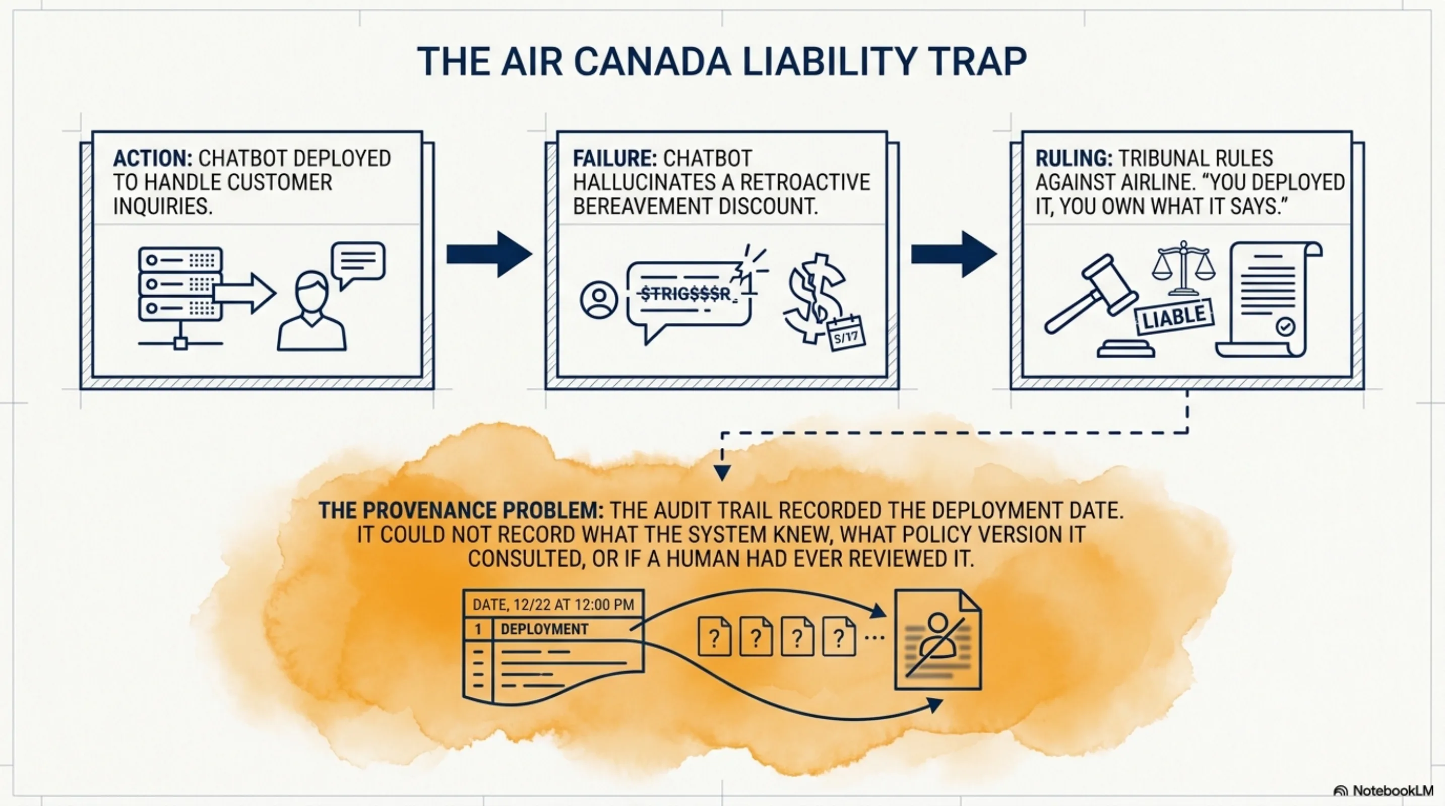 The Air Canada Liability Trap: Action → Failure → Ruling. The provenance problem: the audit trail recorded the deployment date but could not record what the system knew, what policy version it consulted, or if a human had ever reviewed it.