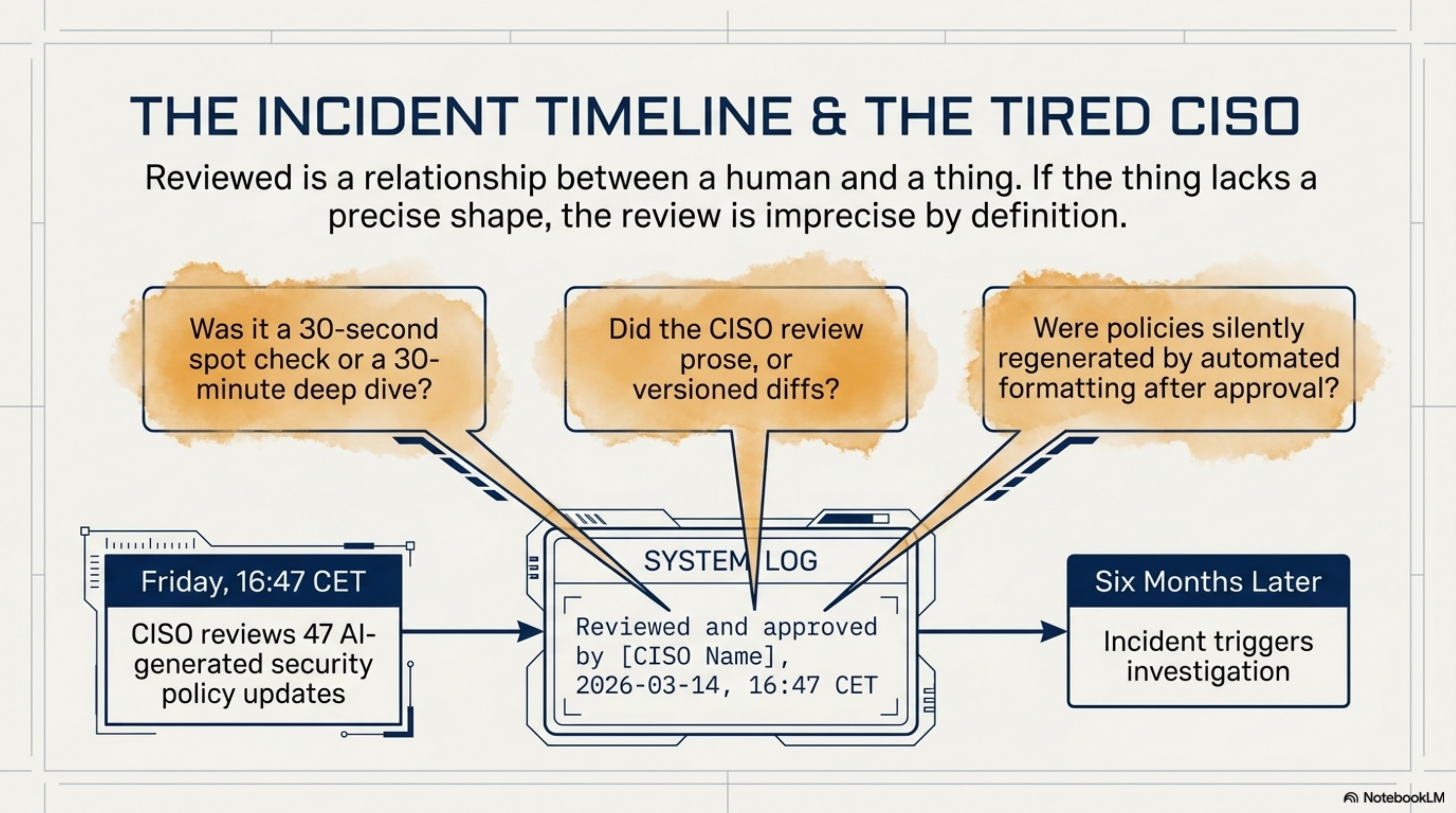 The Incident Timeline & The Tired CISO: reviewed and approved at 16:47 CET, six months later incident triggers investigation. The system log cannot answer whether it was a spot check or a deep dive, or if policies were silently regenerated after approval.
