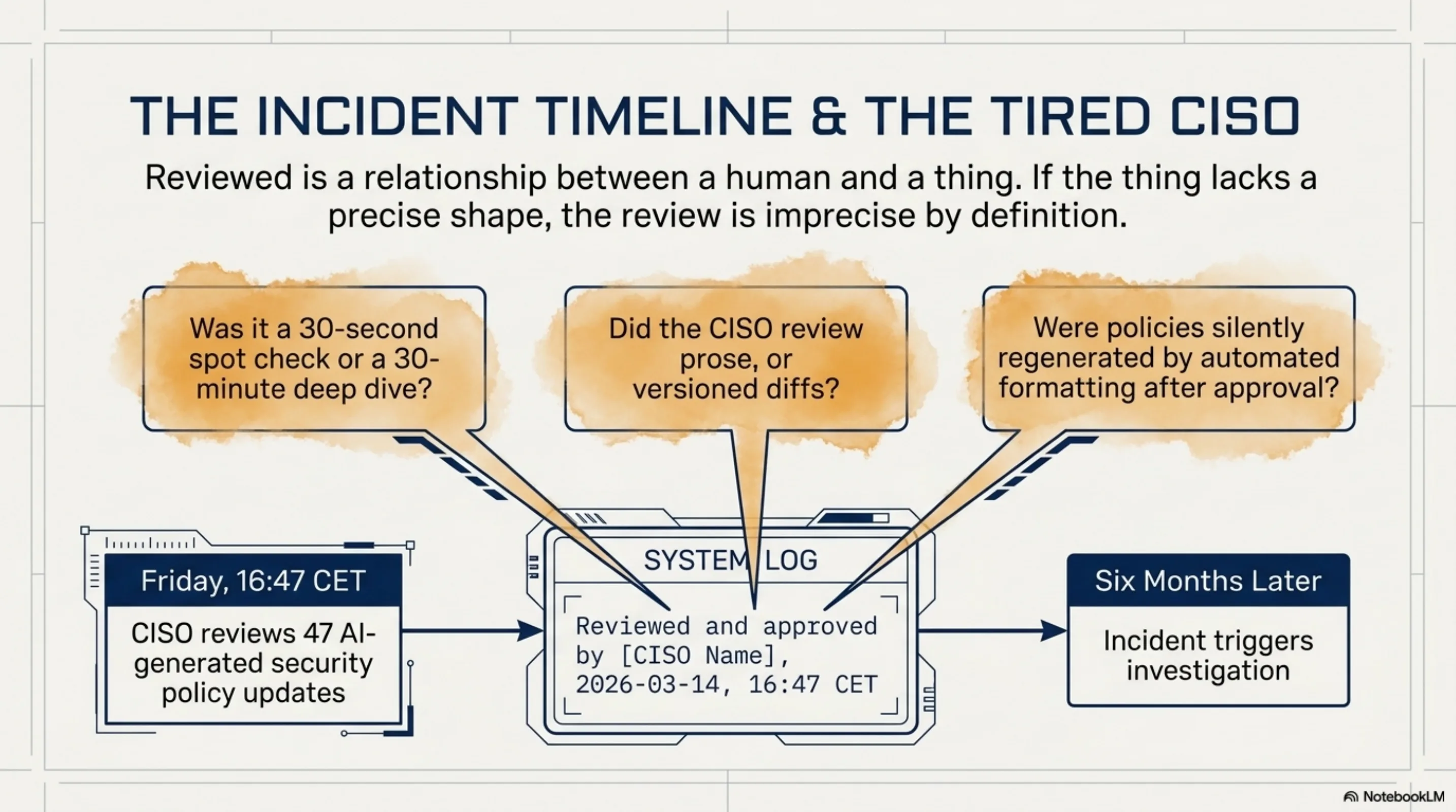 The Incident Timeline & The Tired CISO: reviewed and approved at 16:47 CET, six months later incident triggers investigation. The system log cannot answer whether it was a spot check or a deep dive, or if policies were silently regenerated after approval.
