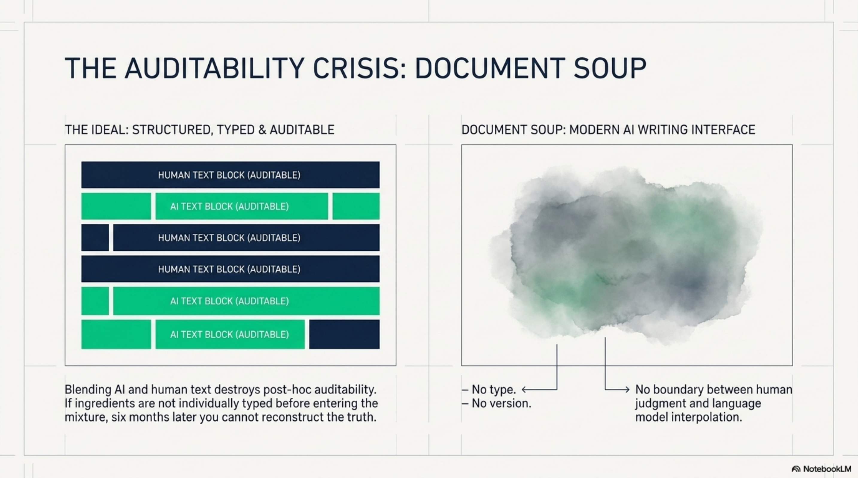 The Auditability Crisis: Document Soup. Left: the ideal — structured, typed, auditable blocks of human and AI text. Right: modern AI writing interfaces — no type, no version, no boundary between human judgment and model interpolation.